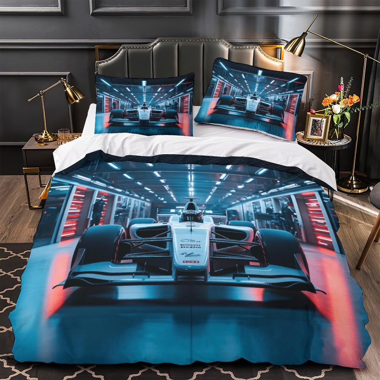 DAFUfbw Formulaa Racing Luxe Quilt Cover Set Hidden Zipper Duvet Cover Set with Pillowcases Racing Car Bedding Set Soft Microfiber Comforter Cover Double（200x200cm）