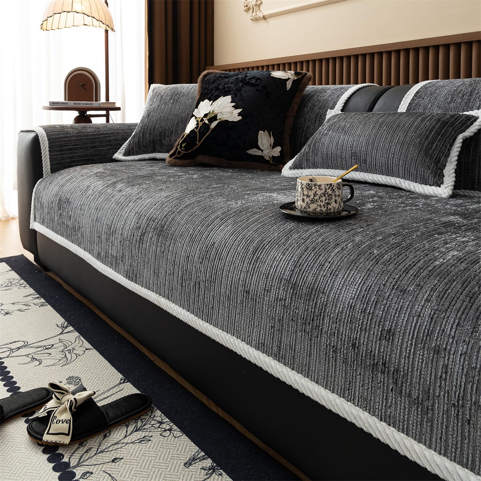 Lingky Chenille Dark Grey Sofa Cover 1 2 3 4 Seater Non Slip Sofa Slipcovers Washable Chenille Textured Sofa Cushion Covers Sectional Couch Covers Sofa Protectors From Pets/Kids/Dogs (Dark Grey,90X180cm)