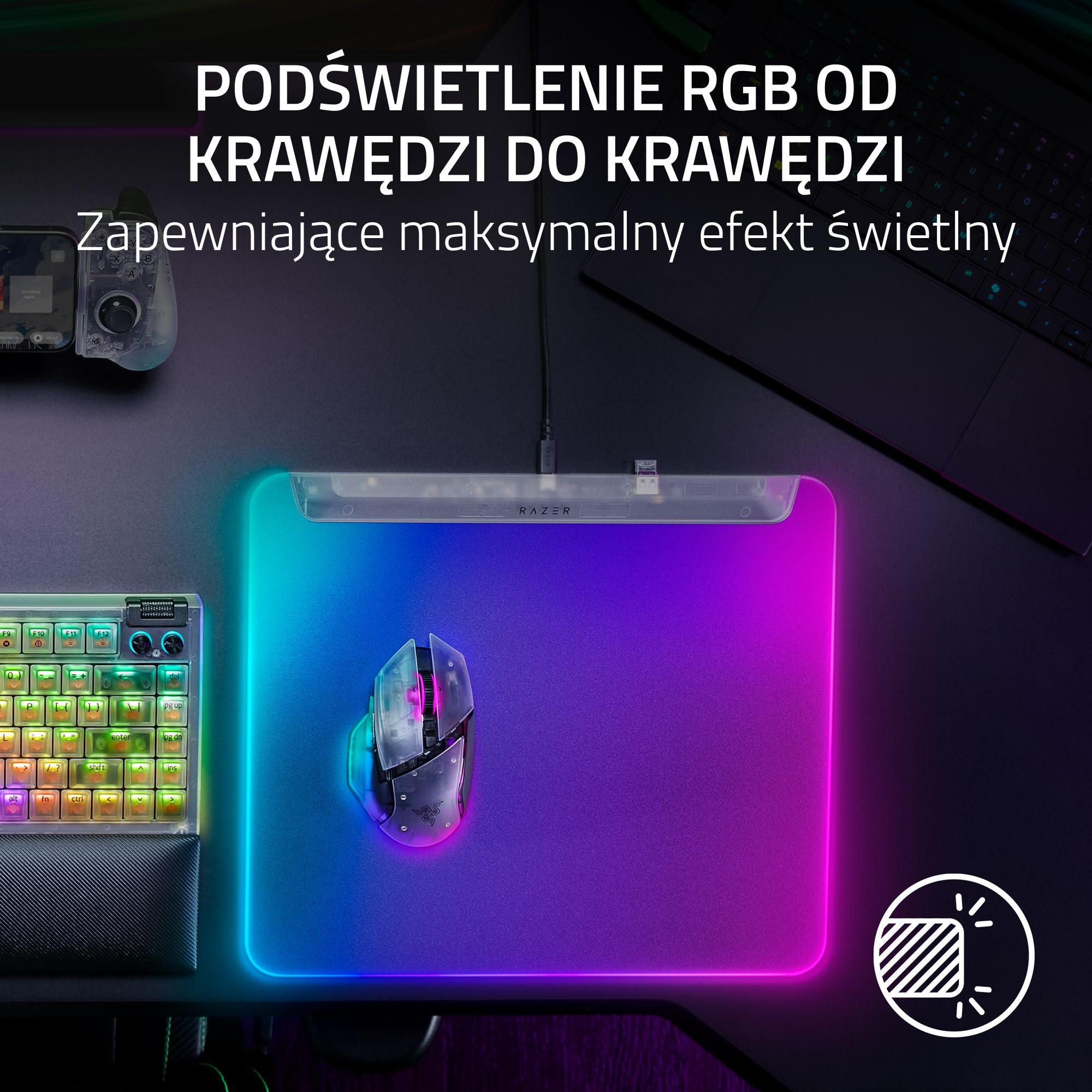 Razer Firefly V2 Pro Phantom White - W pełni podświetlana podkładka pod mysz do gier RGB - Powierzchnia z mikrostrukturą - Antypoślizgowa podstawa - Hub USB - 360x278 mm | Edycja Phantom White