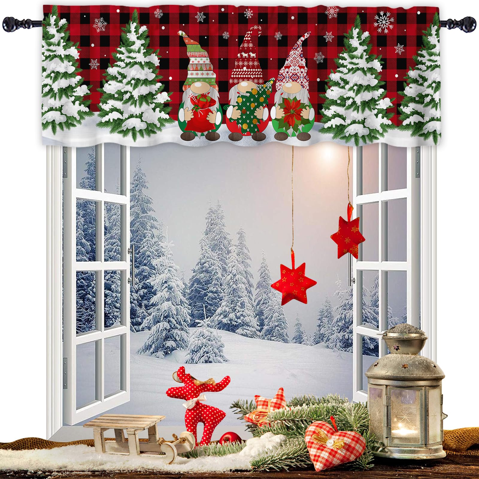 Abaysto Christmas Valance for Windows Christmas Gnome Window Toppers Valances Rod Pocket 1 Panel Xmas Tree Red Buffalo Plaid Window Treatments for Bedroom Kitchen Bathroom 45x137cm - Image 2