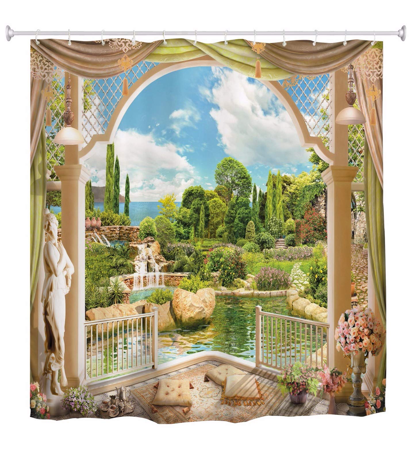 A.Monamour 3D Balcony Garden View Flowers Trees Sculpture Palace Outdoor Nature Scenery Waterproof Long Thicken Fabric Polyester Shower Curtain Set With Hooks, No Liner Needed 180x200 cm / 72"x78"