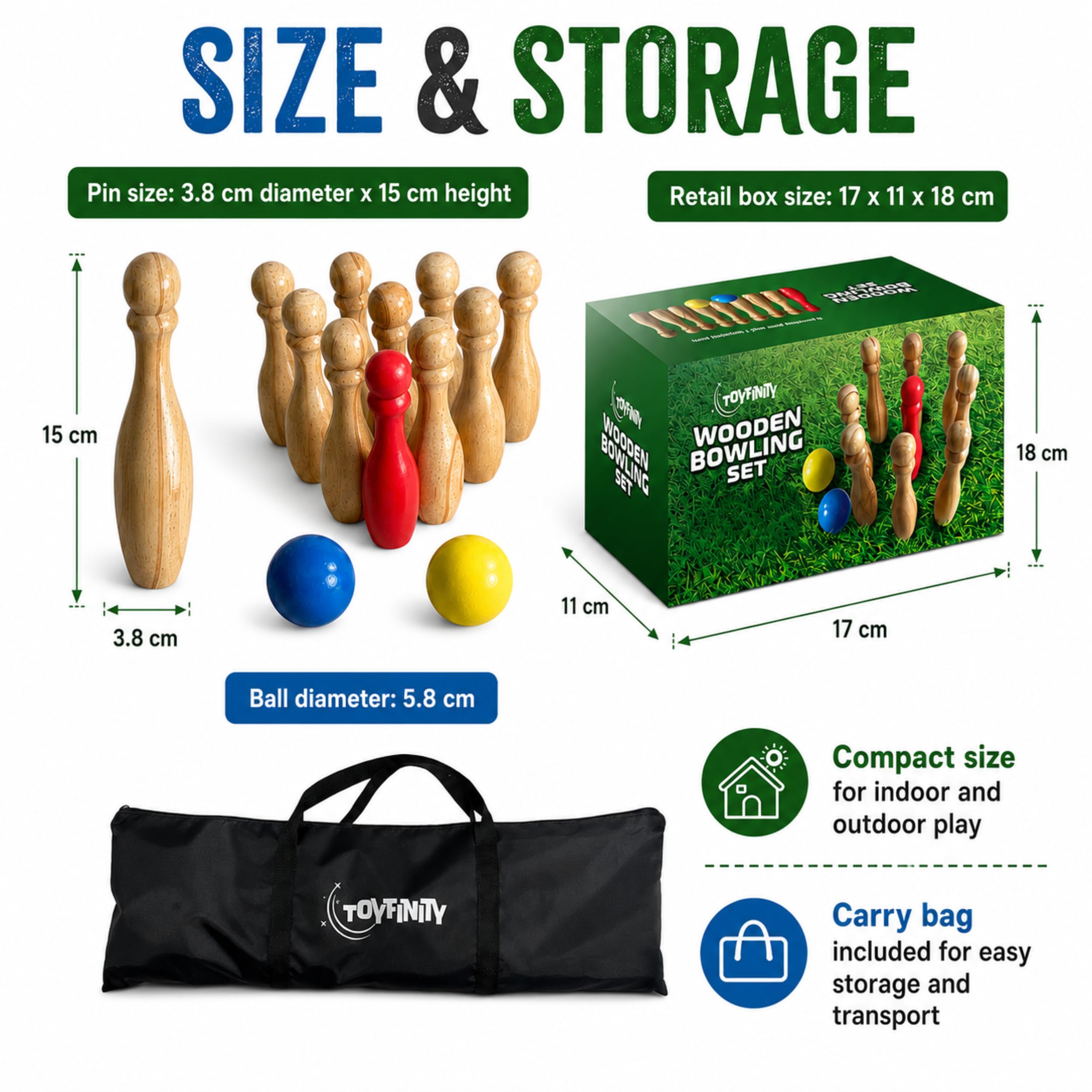 Jeu de quilles en bois FSC avec 9 broches, 2 balles et sac de transport, pour l'intérieur et l'extérieur, le jardin, les fêtes et les jeux