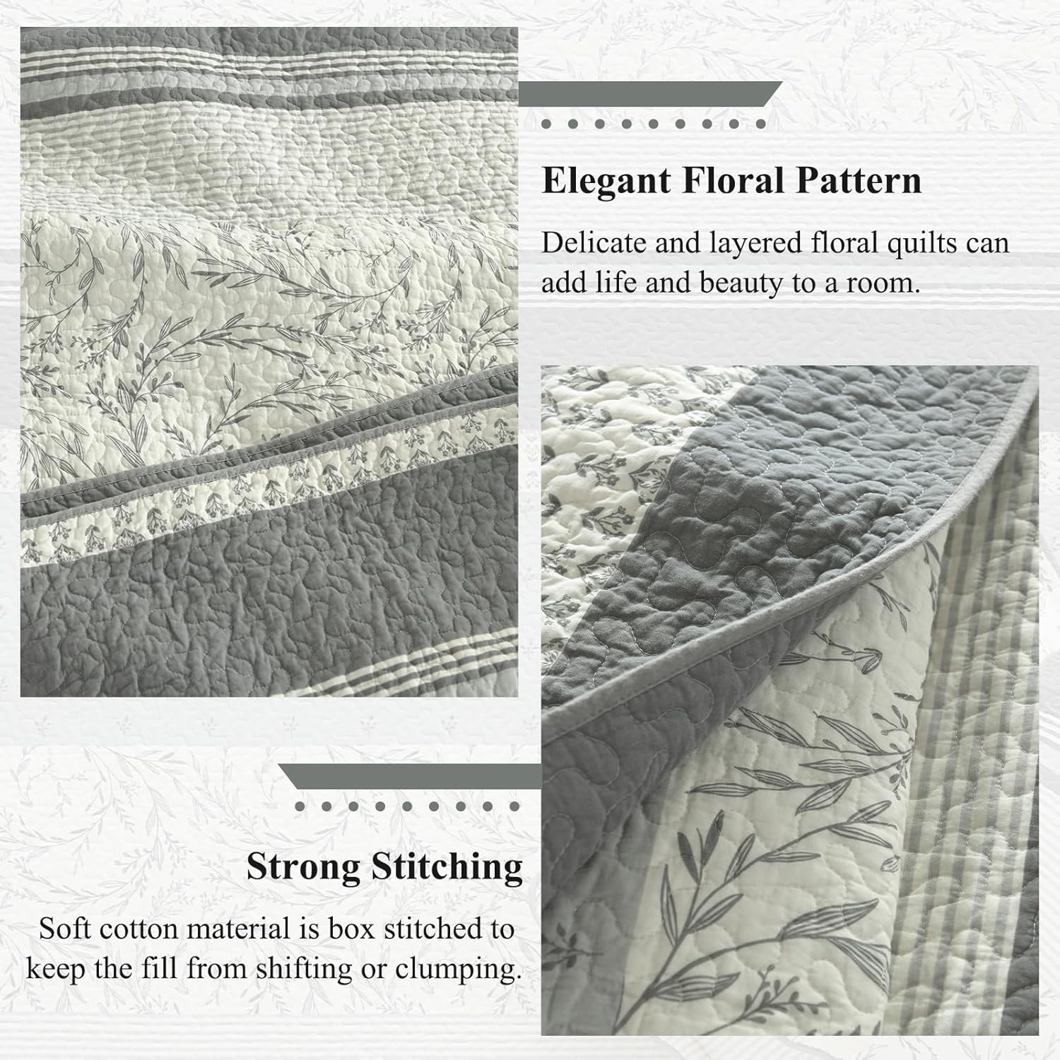 Quilt Queen Size - Gray White Quilt Set with Matching Shams, Vintage Floral Design Farmhouse Bedding Bedspread, 3 Pieces 100% Cotton Lightweight Coverlet Home Decor for All Season