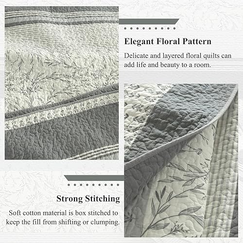 Miniatura 6 de Colcha tamaño King Juego de edredón gris y blanco con fundas a juego, colcha de diseño floral vintage, colcha de 3 piezas 100% algodón, ligera,