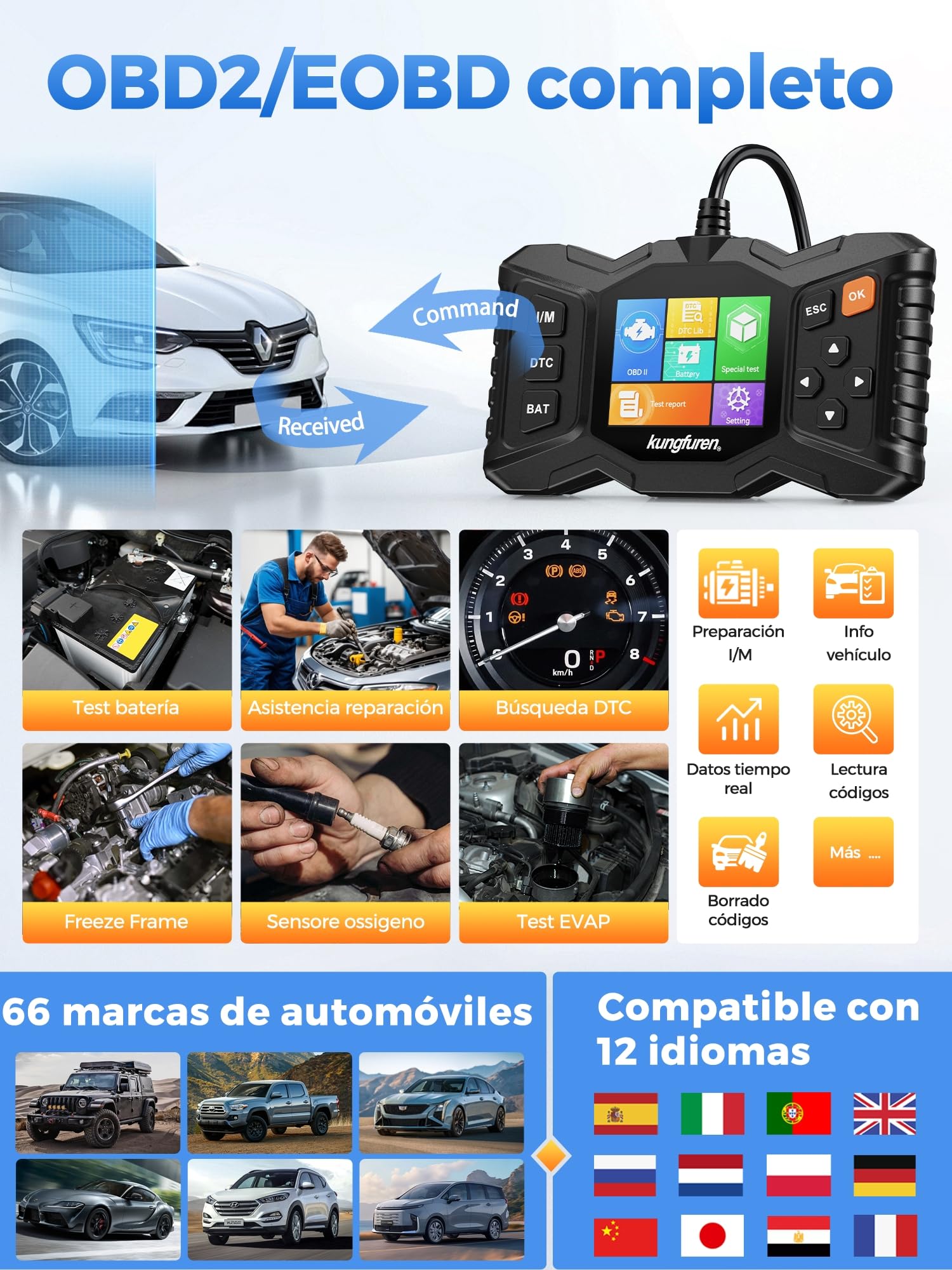 OBD2 Diagnosis Coche Multimarca OBD: Scanner Máquina Coche Diagnóstico Vehículos con Prueba de batería - Español Escaner Lector de Código Fallos Motor Autos OBDII Funciones para BMW Audi Mercedes