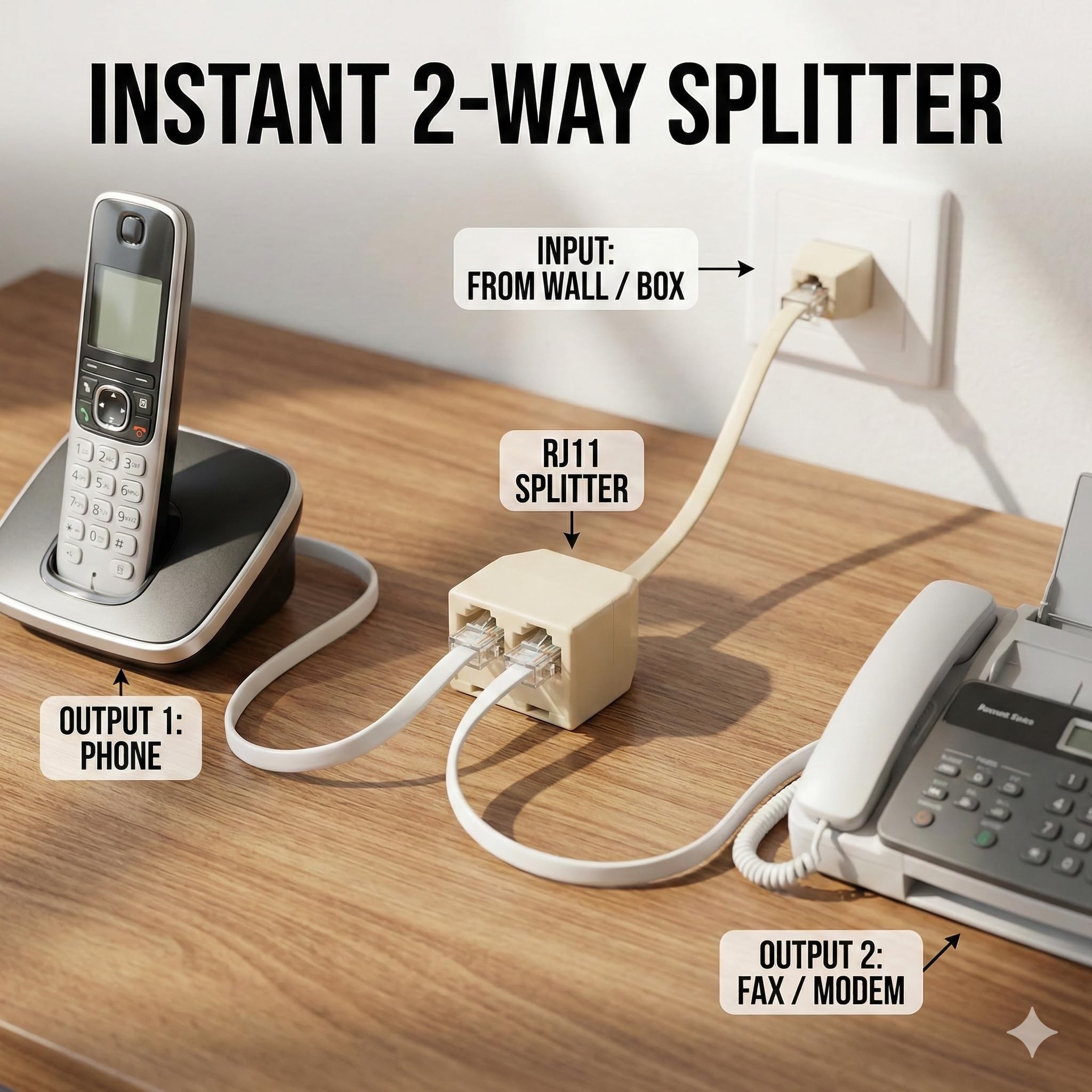 VertexOval Répartiteur Téléphonique RJ11 6P4C (1 Mâle vers 2 Femelles), Adaptateur Doubleur de Prise Téléphone Fixe pour Box ADSL, Fax, Modem et Répondeur - Câble Séparateur de Ligne - 2