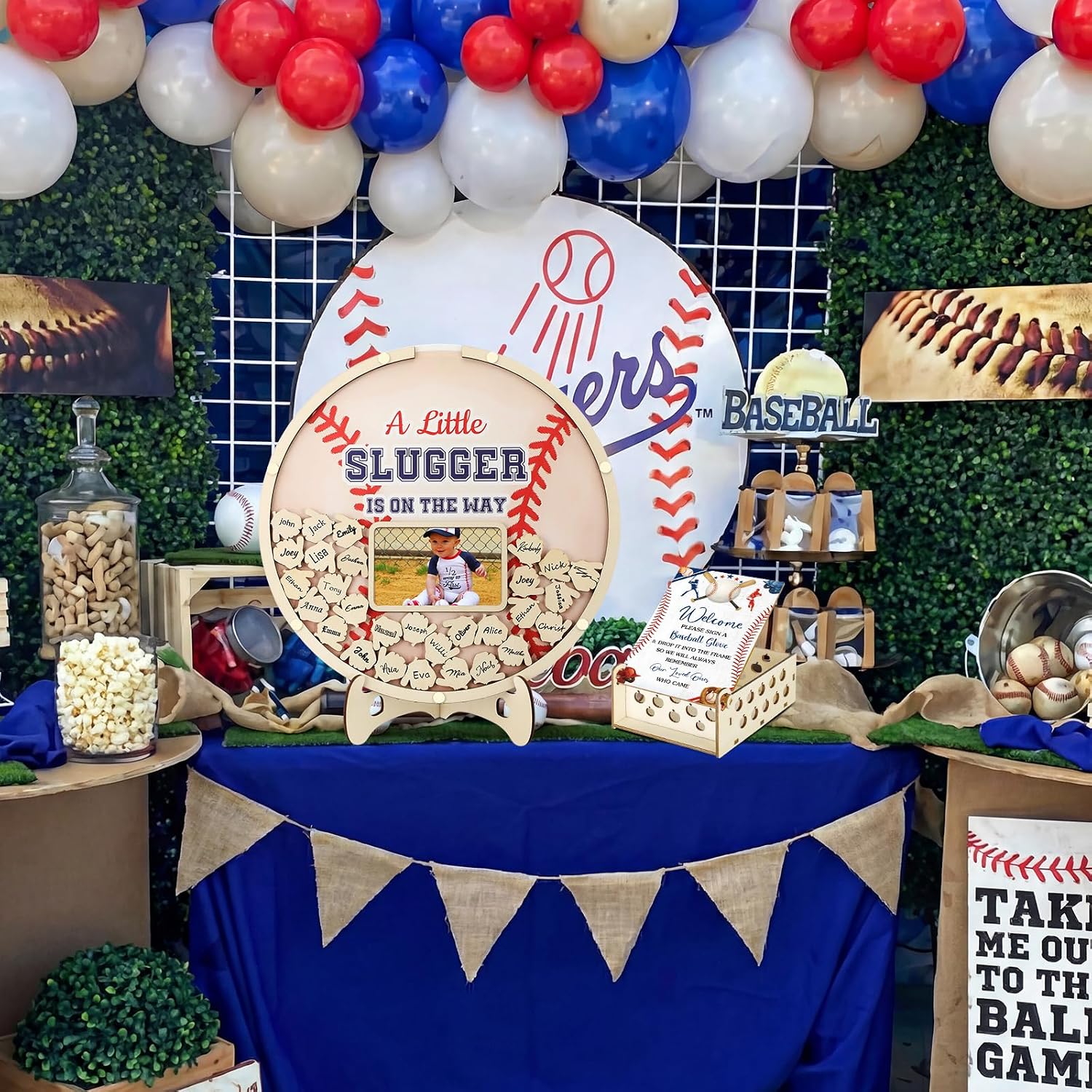 Wenqik 63 Pcs Baseball a Little Slugger is on The Way Baby Shower Guest Book Alternatives Set Baby Shower Decorations with Photo Frame Sonogram Frame Keepsake 60 Wood Slices Guest Book for Birthday