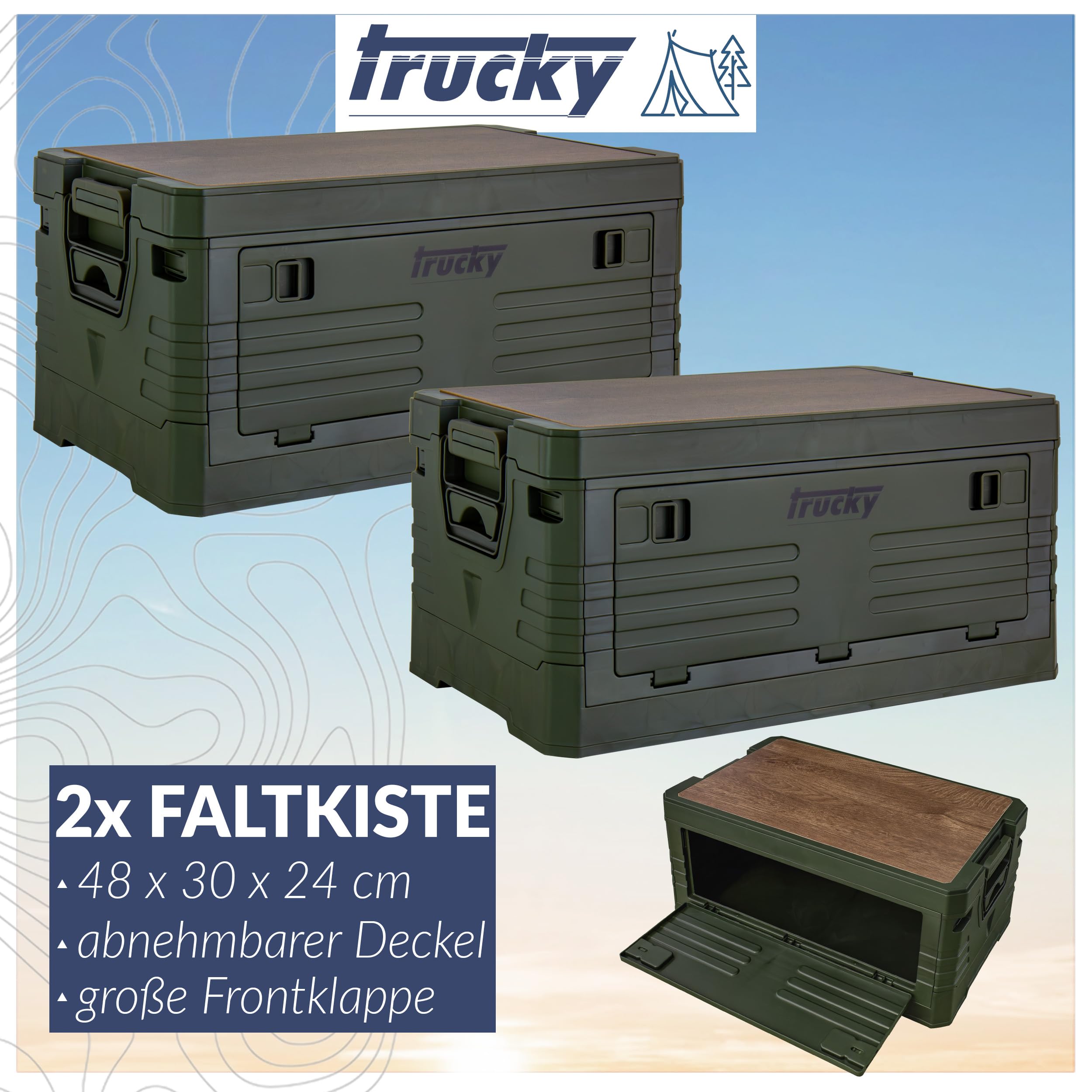 Trucky Storage Box mit Deckel Camping Klappbox Klappkiste Aufbewahrungsbox | 2er Set 35 L, 48 x 30 x 24 cm, Grün, faltbar, Aufbewahrung, Kiste