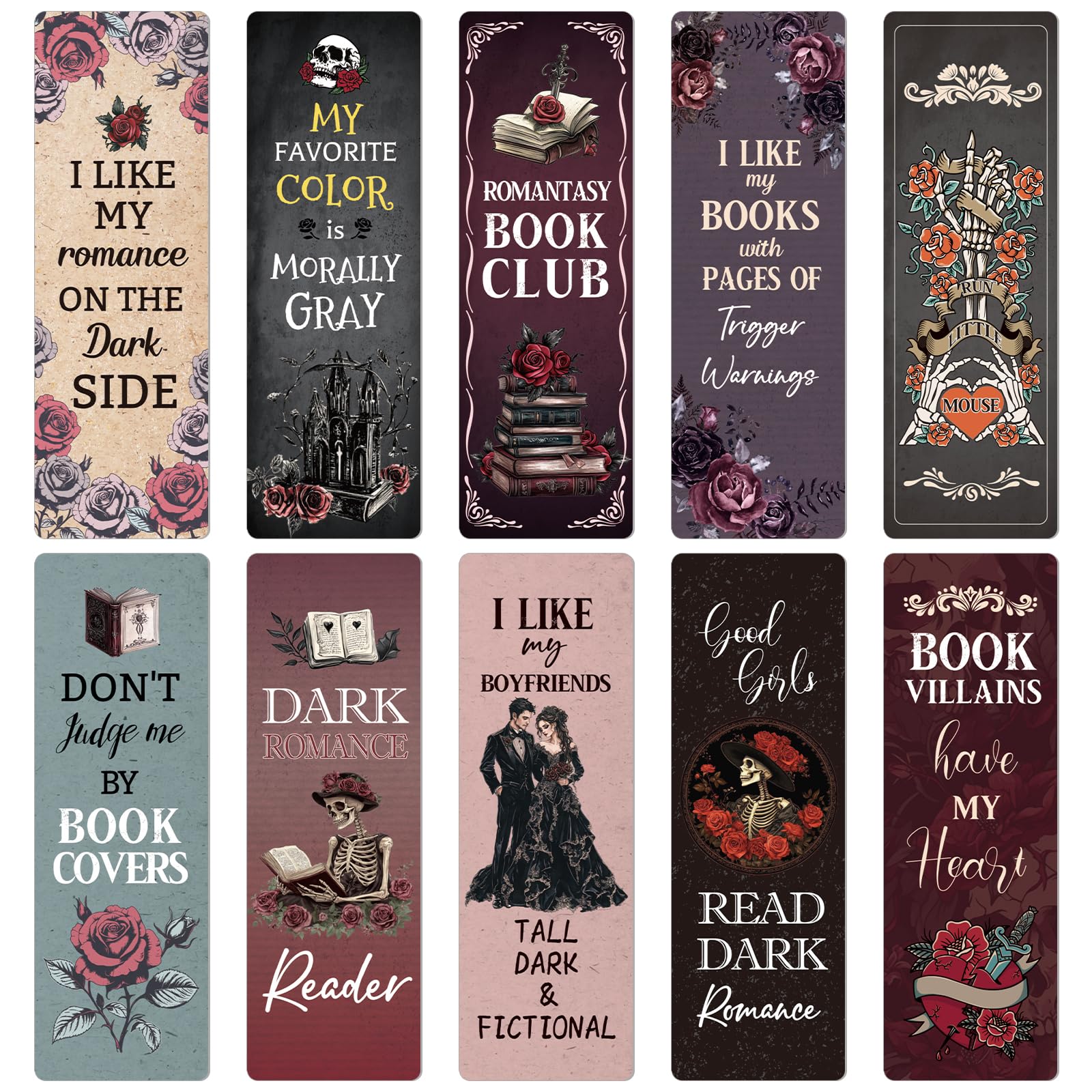 Wxiben Dark Romance Bookmarks Gifts - 20PCS Gothic Book Marks Skeleton Flower Book Markers Double Sided Romantasy Bookmarks Gift for Women Girls Dark