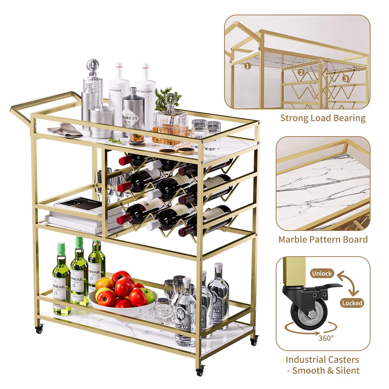 BENOSS 3-Tier Gold Bar Cart with Wine Rack and Glass Storage, Home Serving Wine Cart on Wheels, Modern Rolling Drink Trolley for Coffee Tea Wine, Beverage Bar Table for The Home Kitchen Party
