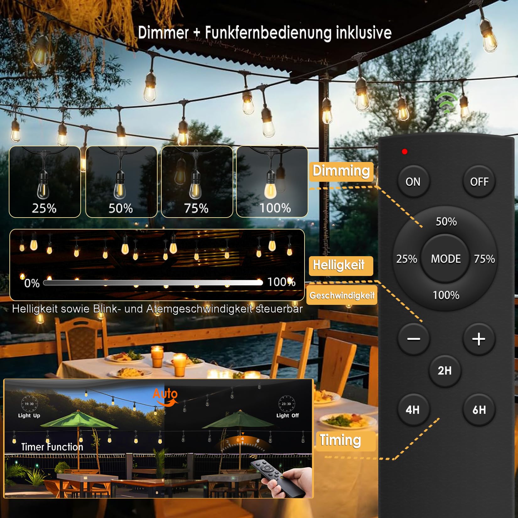 30M LED Lichterkette Außen E27 IP65 mit Funkfernbedienung & Dimmfunktion | S14 Stromlichterkette mit 32 birnen, 2700K Warmweiß, Dimmung & Timer & 3 Lichtmodi, Ideal für Terrasse, Garten und Hochzeiten