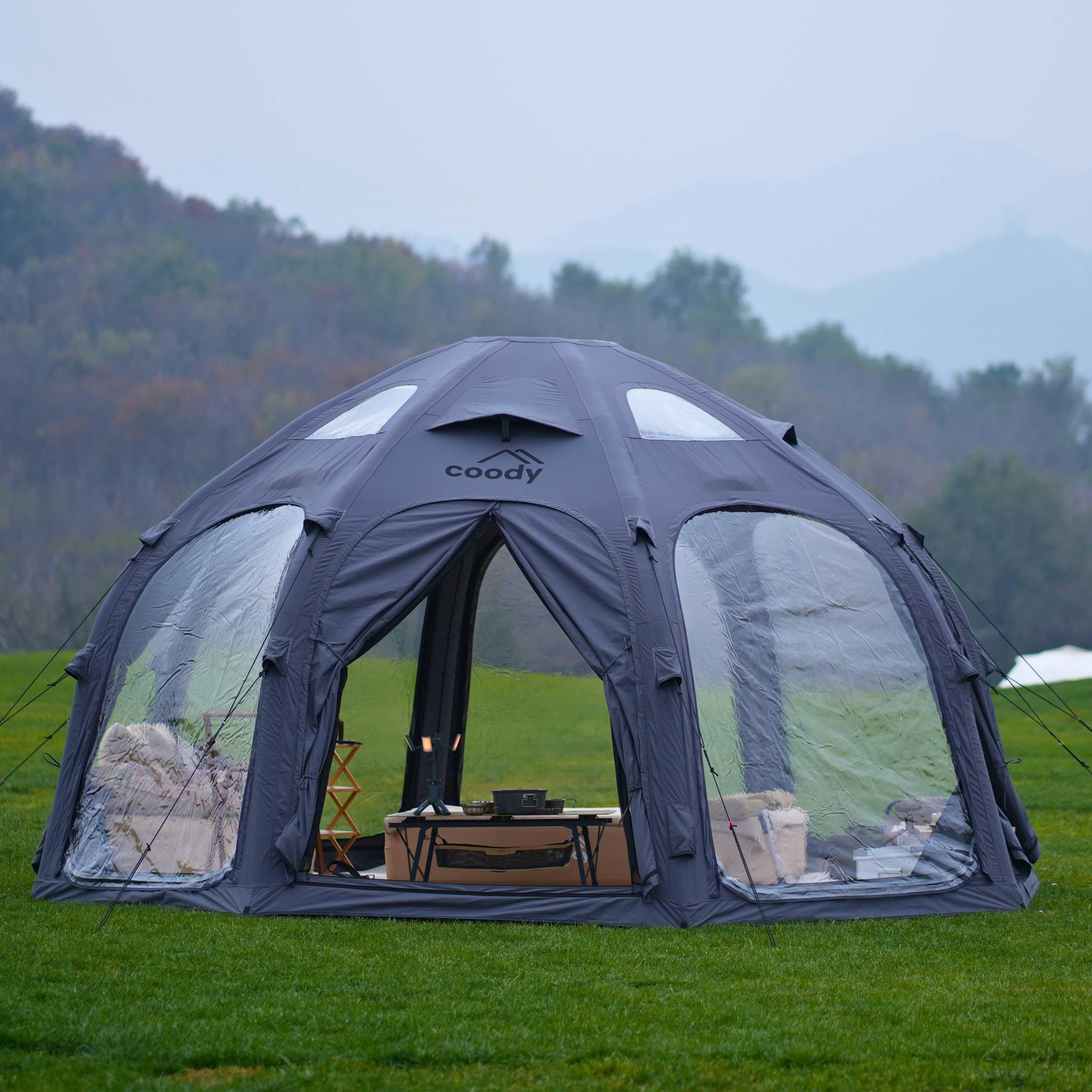 airdome zelt kaufen Coody Aurora Dome Premium Canvas Aufblasbares für Camping Grau Farbe:Schwarz | 2 Abläufe Camping Arc en Ciel qbp-nv