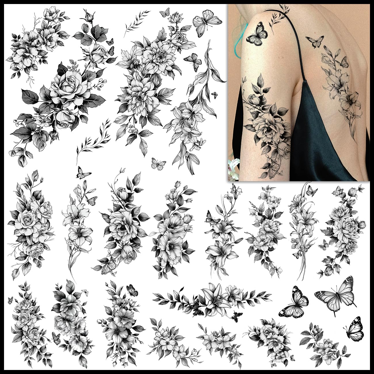 CHARLNET Realistic Flower Temporary Tattoos for Women - 9 Large Sheets Flower Rose Tattoos For Women Body Art Arm Chest Legs Shoulder