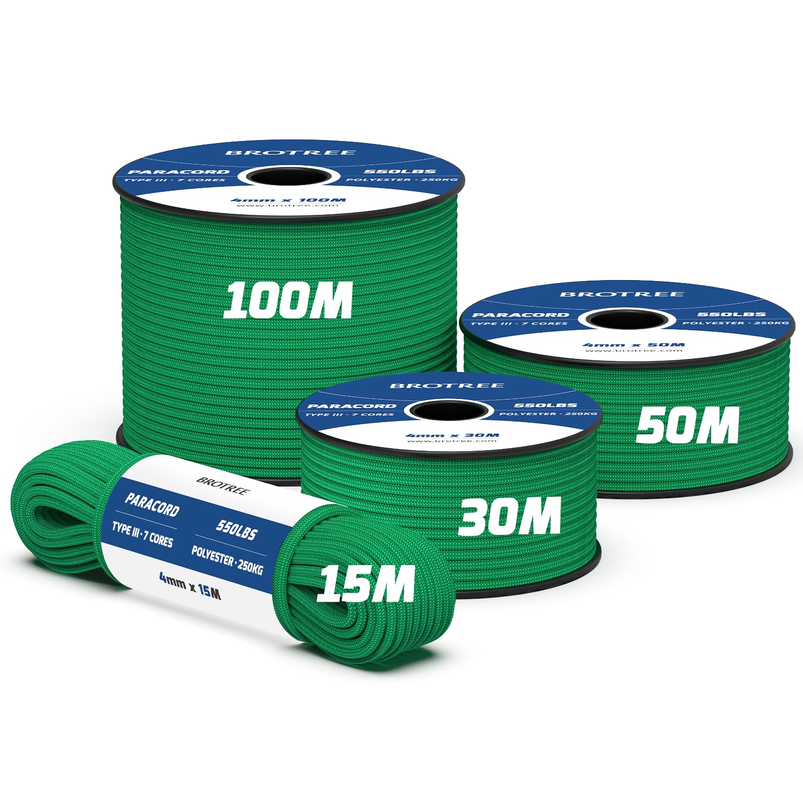 Brotree 550 Paracord 4mm 50m Rope Type III 7 Strands 100% Polyester Parachute Cord for Crafting, Camping, Outdoor, Survival - Jade Green