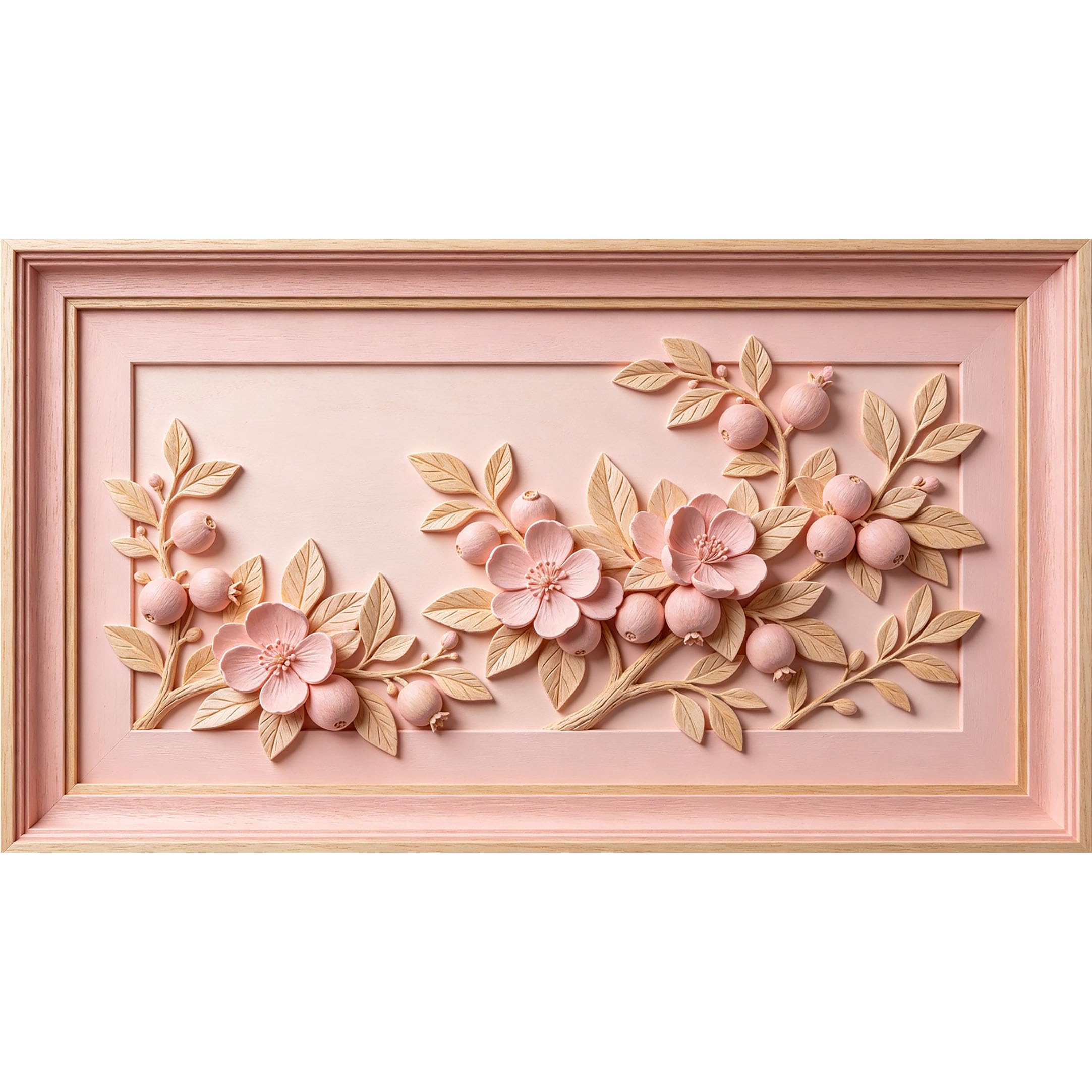 QZLITHOTIC 50×90cm3D Framed Wall Art， Pastel Pink Botanical Wood Carving Style SelfAdhesive Mural， WaterActivated Peel & Stick Fabric Decor Wall Decal for Bedroom Living Room