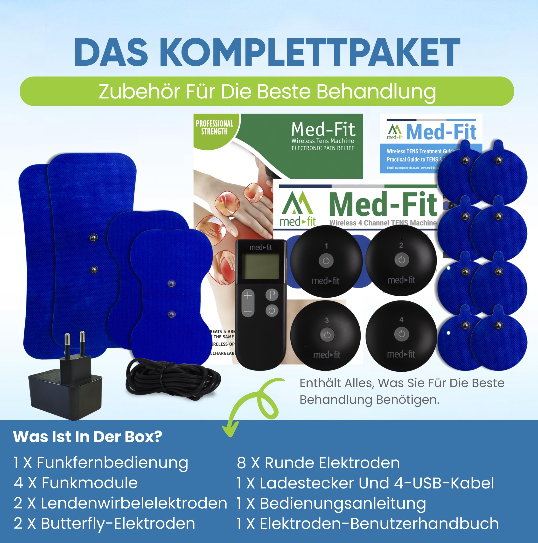 Med-Fit 4-K Wireless TENS Maschine zur Schmerzlinderung, Muskelentspannung & Schmerzmanagement - Behandeln Sie bis zu 4 Bereiche gleichzeitig für Ganzkörperbehandlung - Professionelle Kraft &