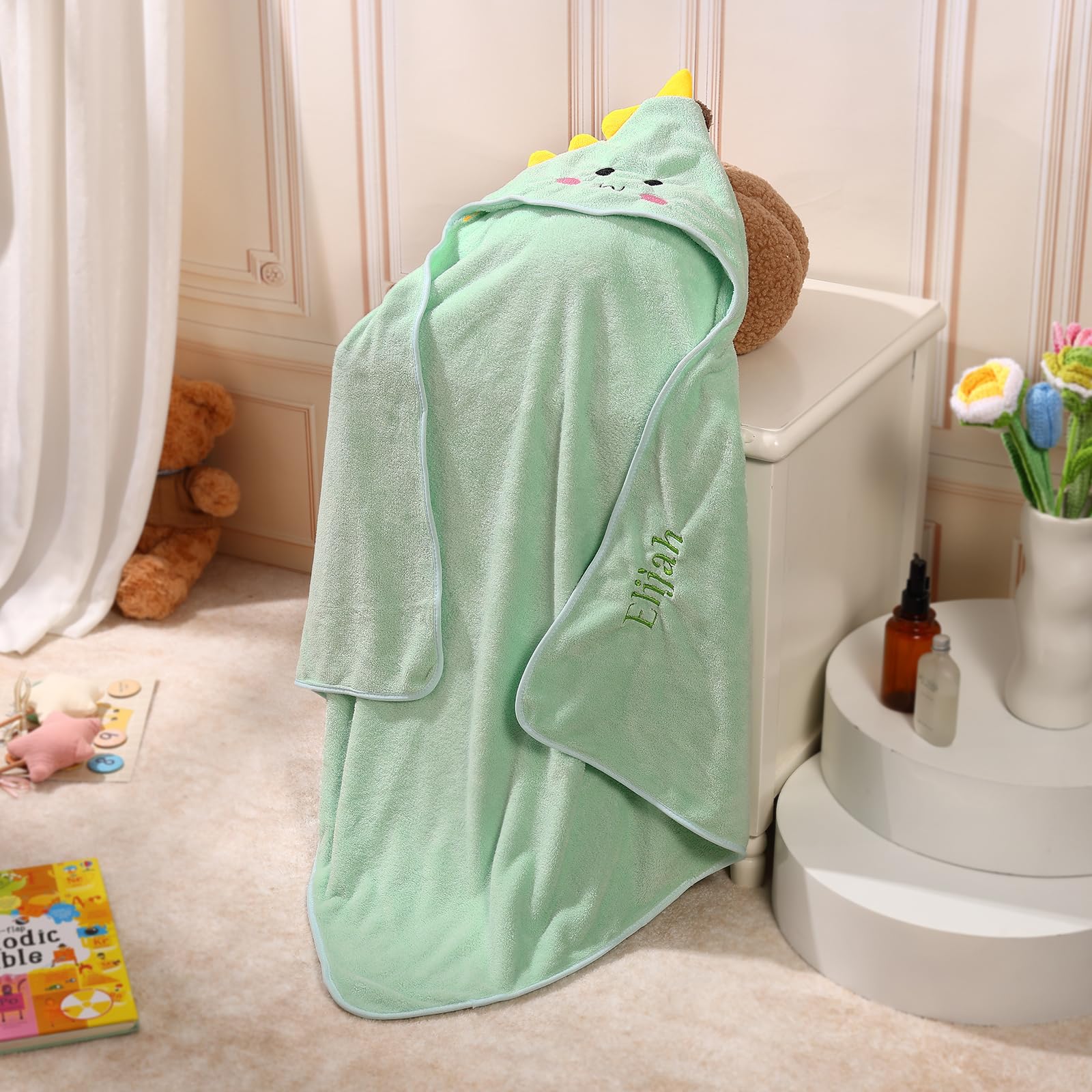Cape de Bain Bebe Personnalisé avec Prénom Sortie de Bain Bebe Douce et Confortable Sortie de Bain Bebe pour Bebe Naissance Cadeau Baby Shower, Bebe Fille, Bebe Naissance (Vert)