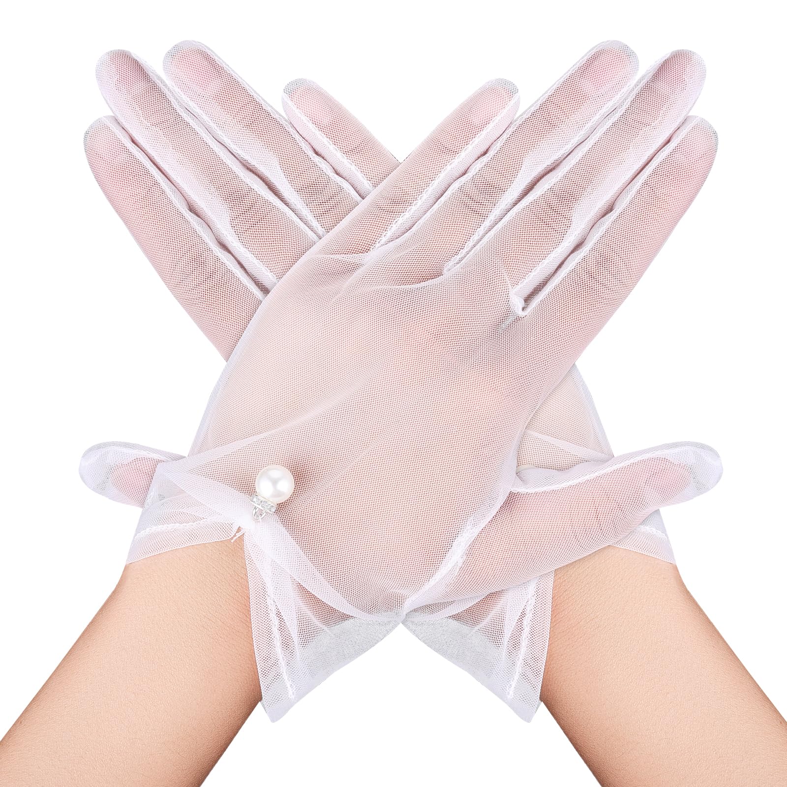 YolevShort Lace Gloves Pearl Bridal Gloves Tea Party White Wedding Sheer Glove for Bride Bridesmaids Funeral Banquet Masquerade Opera Funeral Dinner Prom Party Glove for Women