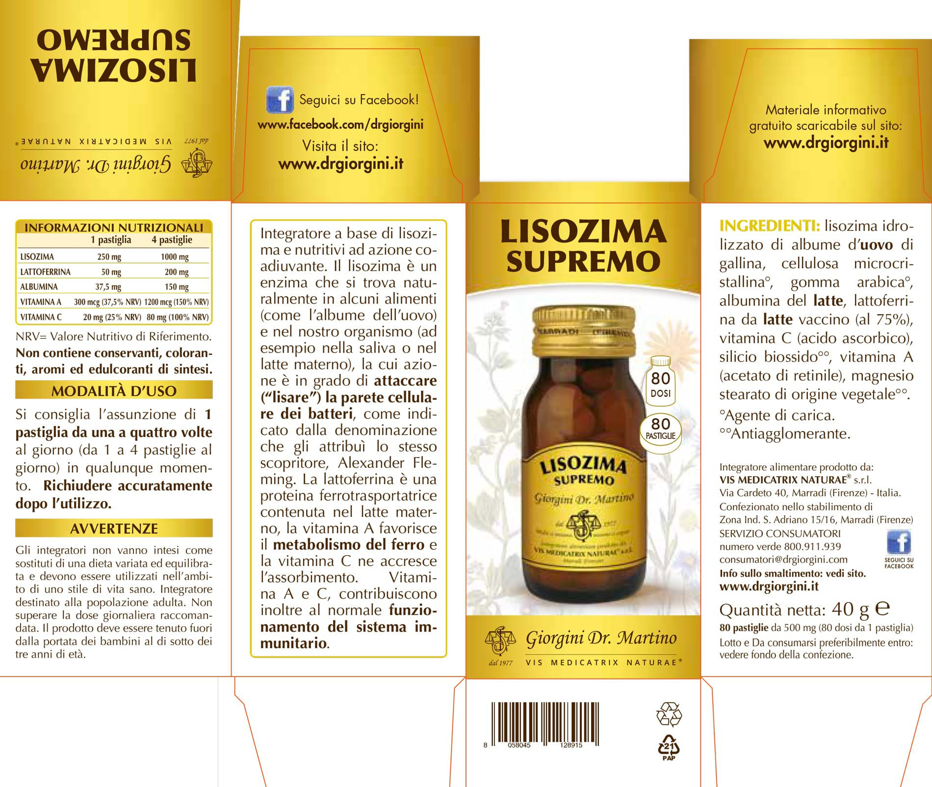 LISOZIMA SUPREMO Pastiglie 250 mg - 40 g (80 DOSI da 1 pastiglia - Integratore di lisozima con lattoferrina, vitamina C e vitamina A)