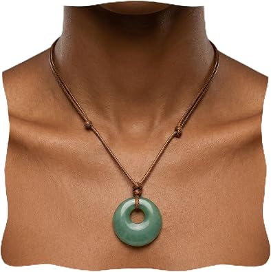 Green Jade Necklace, Natural Gemstone Lucky Coin Pendant Necklace for Women Men, Charm Donut Crystal Amulet Necklace