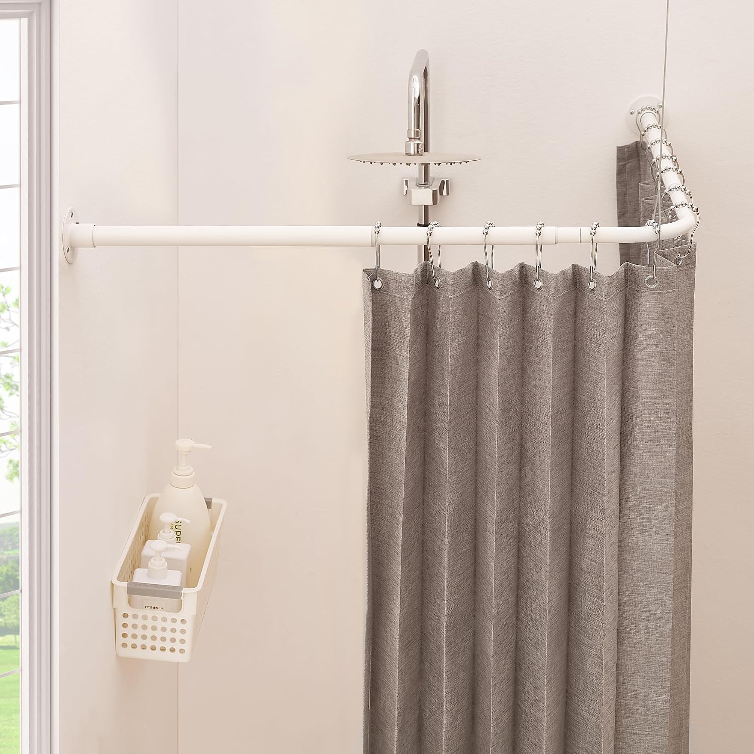 L Shaped Shower Curtain Rod, [24"-47.6"] x [24"-47.6"] Dual-Slide Corner 90 Degree Shower Rod for Bathroom, Bathtub & Outdoor with 12 Hooks & Ceiling Support - Gold