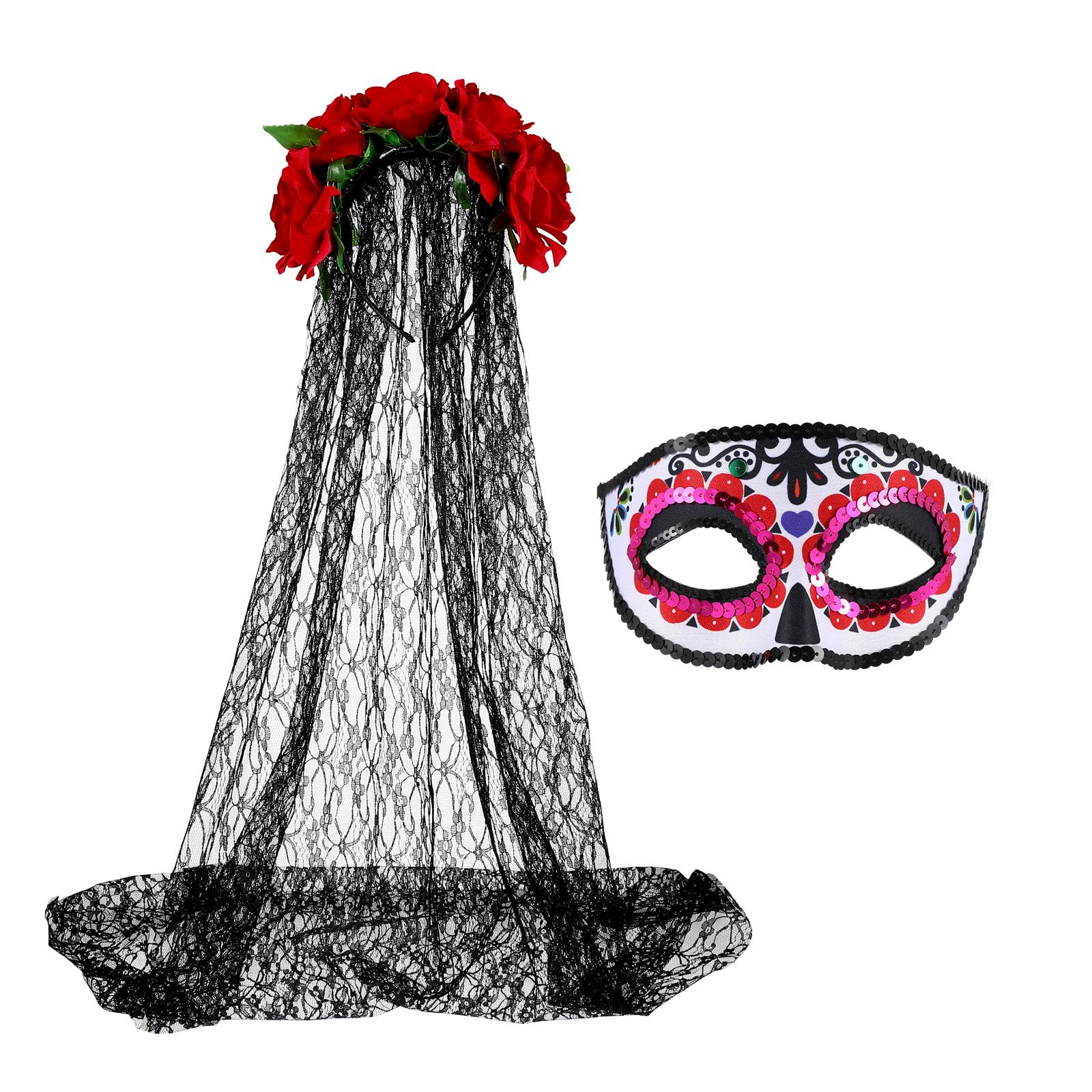 HOMSFOU 1 Set Day of The Dead Headband with Mask, Spider Web Rose Floral Crown & Veil – Catrina Halloween Costume Accessory for Women, Adults & Cosplay Party