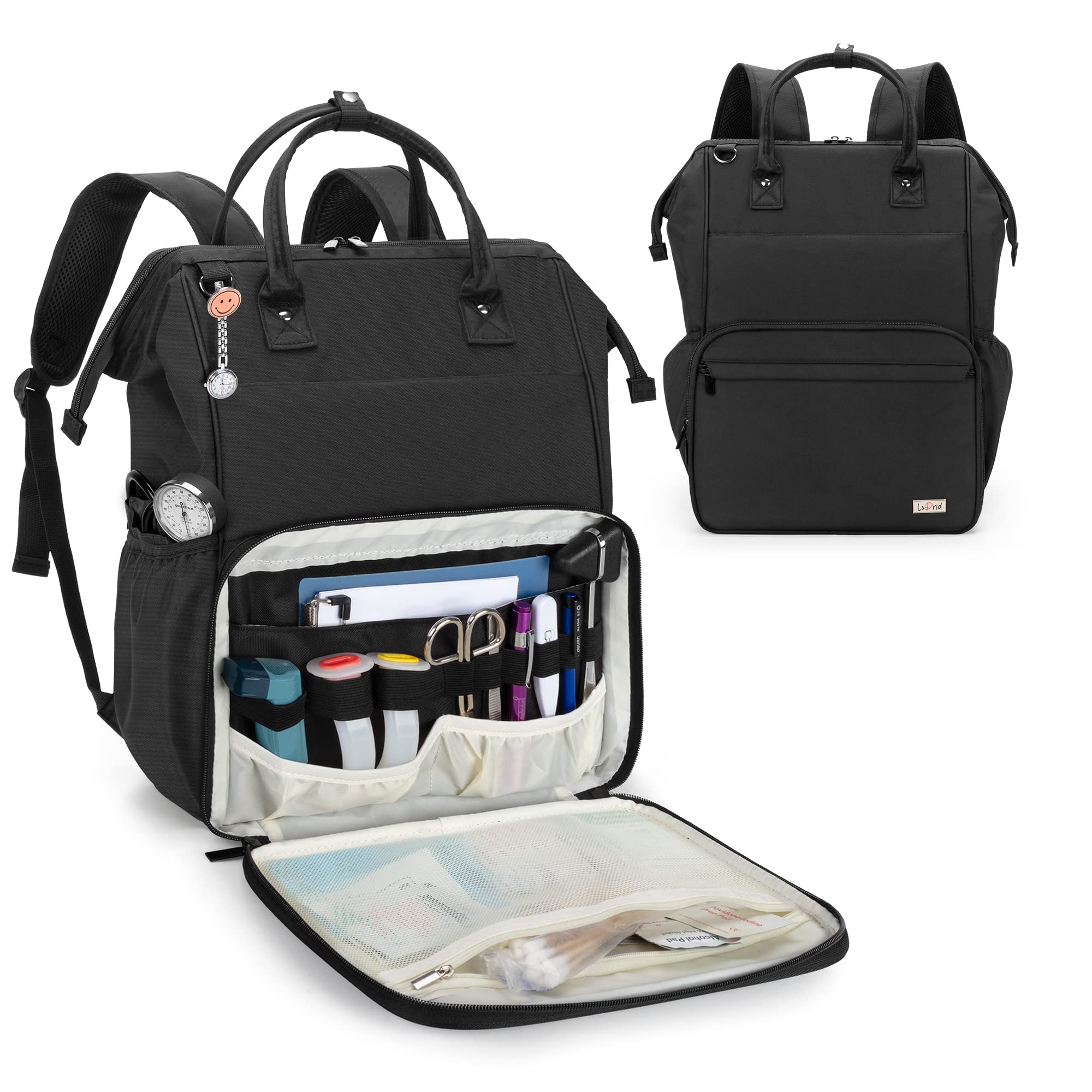 LoDrid Borsa per la cura, robusta borsa medica per caregiver, zaino con robusto telaio in acciaio (superiore), scomparto per computer portatile da 15,6 pollici, cerniera e imbottitura interna, nero