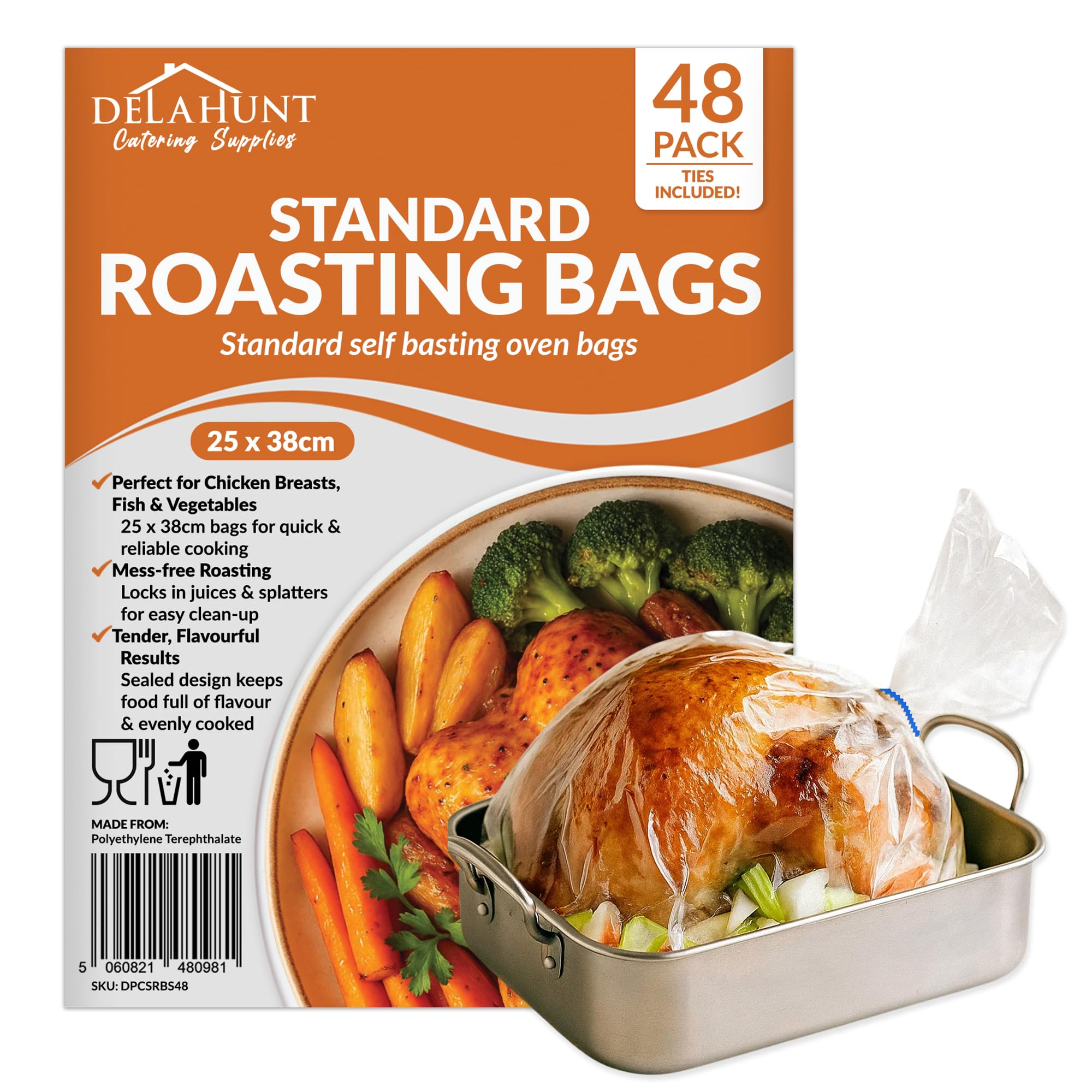 Standard Oven Roasting Bags with Ties 25 x 38cm [48 Pack] - BPA-Free, Food-Grade & Oven-Safe Cooking Bags | Heavy-Duty Cook-in Bags for Chicken, Fish, Vegetables, Meal Prep & Batch Cooking