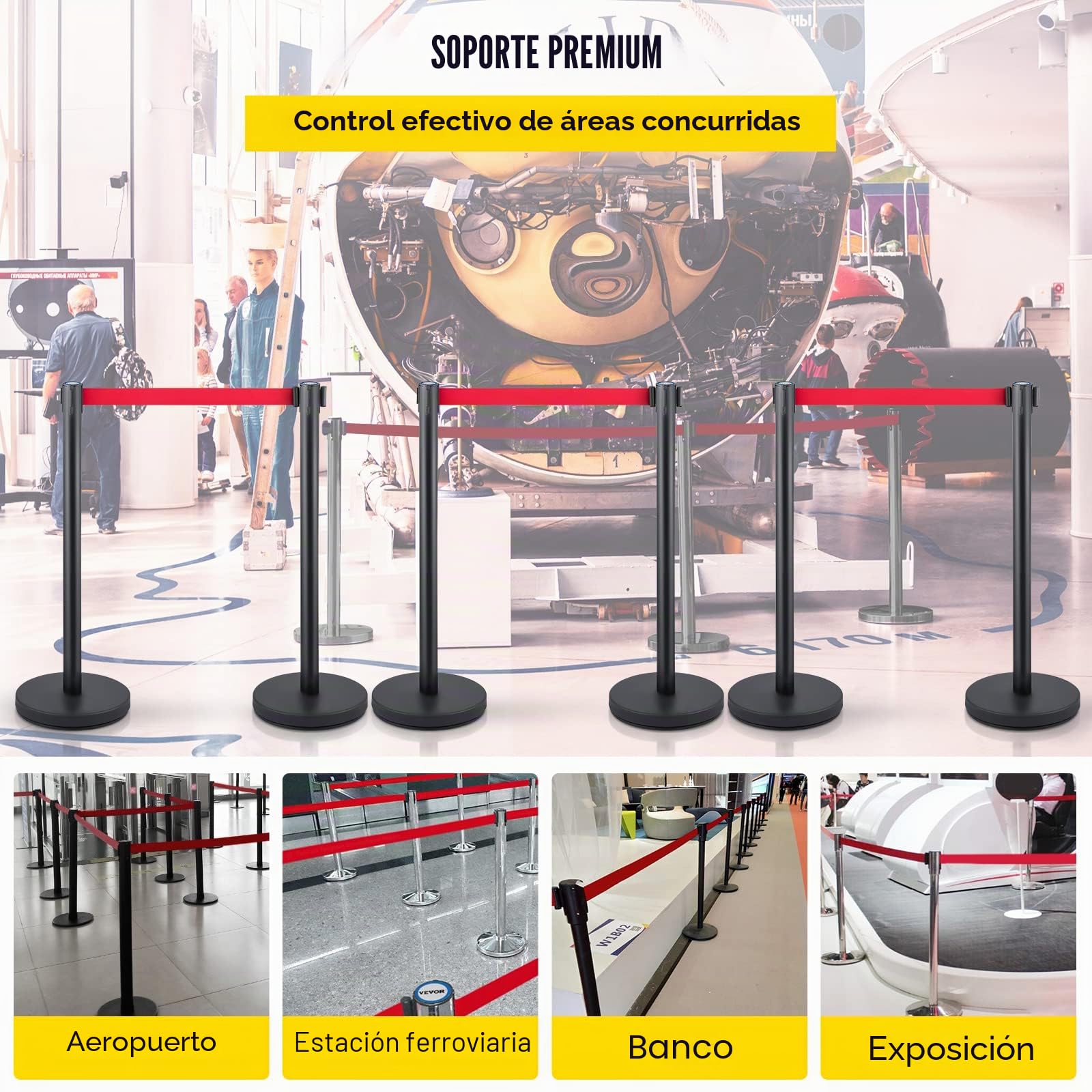 VEVOR Postes Separadores 6 piezas Altura 90 cm Negros Poste Separador con Cinta Extensible de 2 m Roja Conexión de 4 Vías Diámetro de Base 32 cm Postes de Barrera de Control de Multitudes Retráctiles