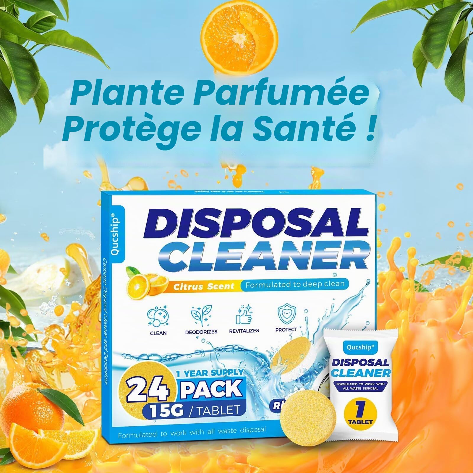 Lot de 24 pastilles nettoyantes et désodorisantes pour déchets - Mousse parfumée aux agrumes - Désodorisant naturel et d'évier - Sans danger pour les fosses septiques de cuisine