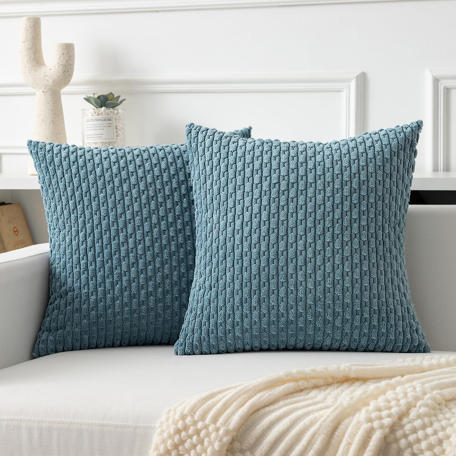 Kevin Textile Boho Cushion Covers 45 x 45 cm Set of 2 Soft Striped Corduroy Decorative Square Cushions Covers 18x18 Inch Pillowcases with Invisible Zipper for Chair Couch Sofa Bedroom, Blue Grey โ image 1