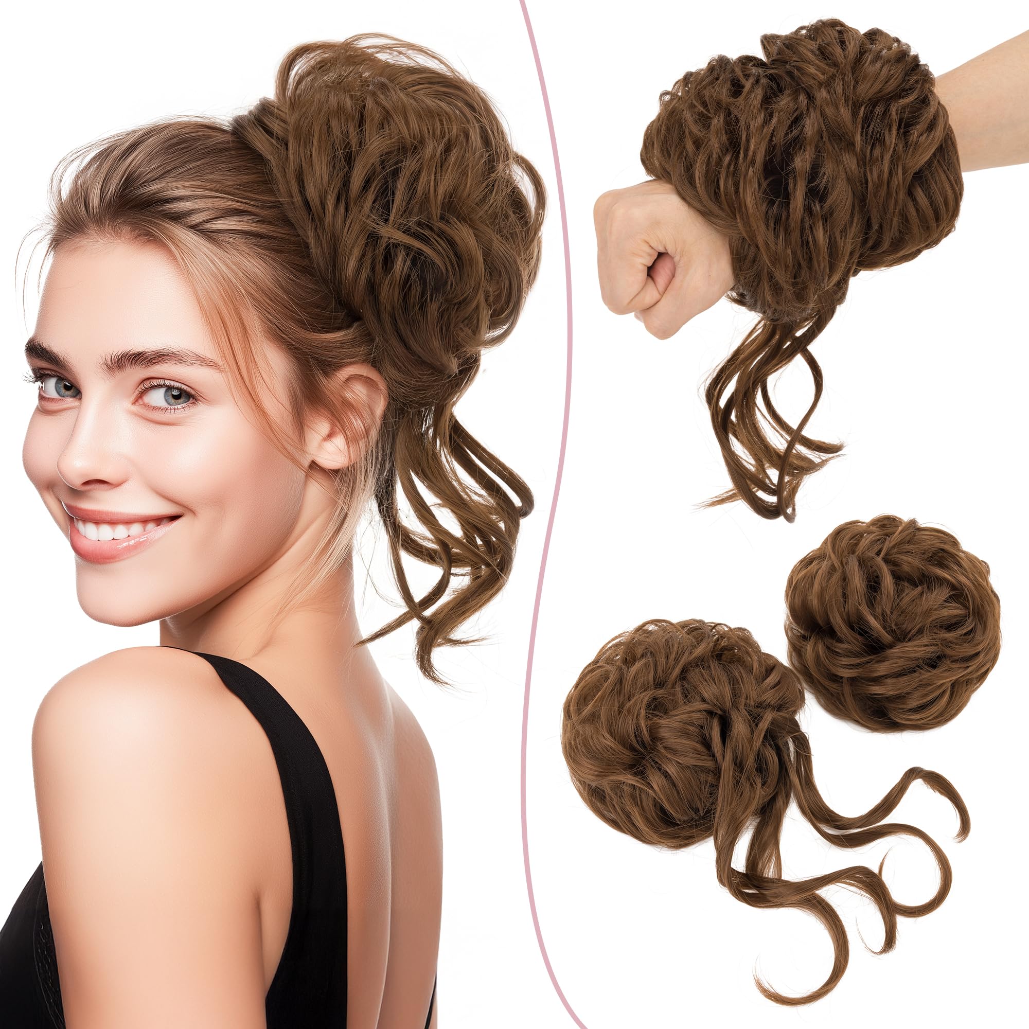 SEGO 2 Pieces Messy Bun Fluffy Tousled Updo Scrunchies 75g Synthetic Hair Bun Hair Piece Set for Women Easy Bun Hairpiece Light Brown