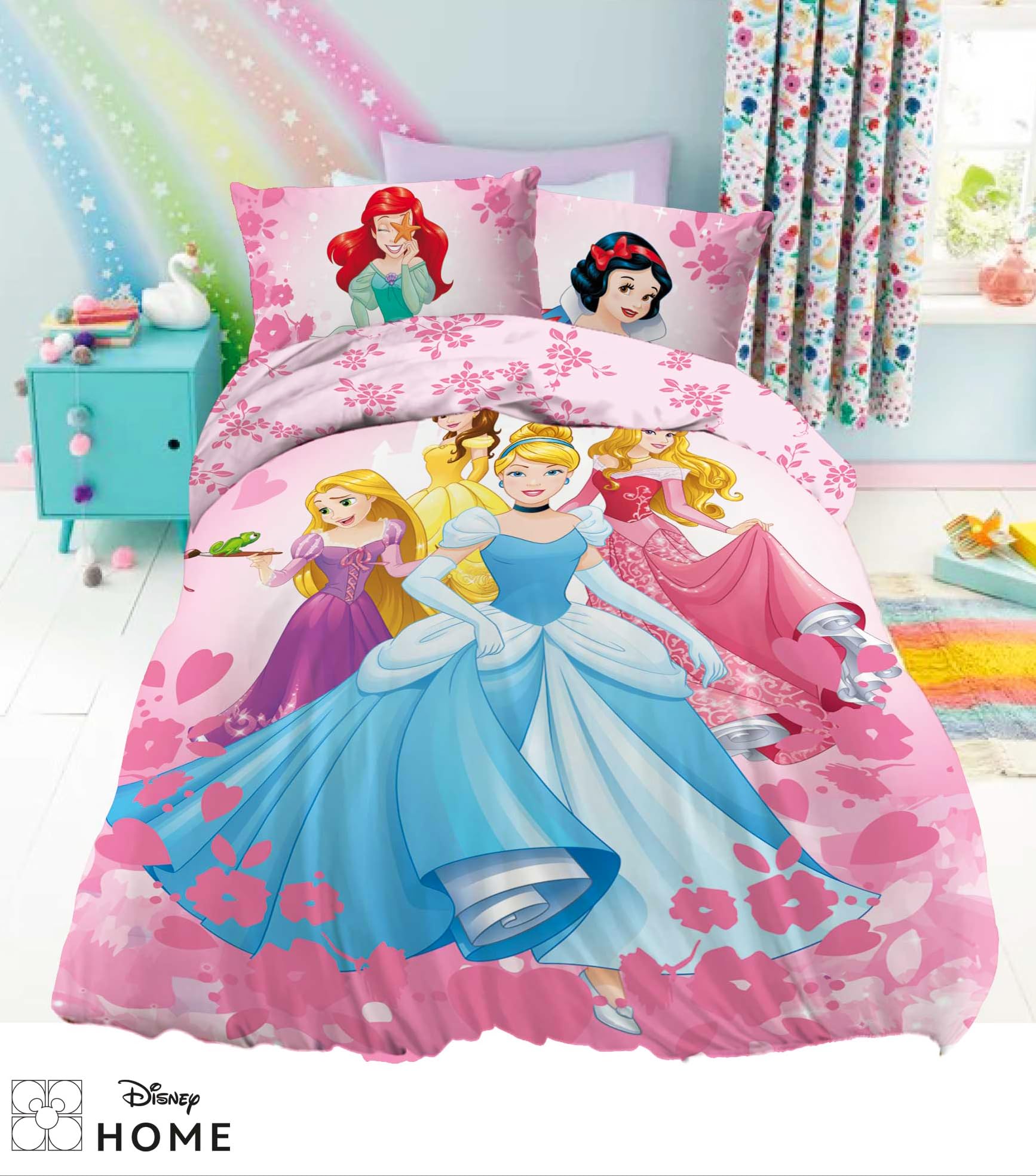 Set Biancheria Da Letto Bimbi 100% Cotone – 100x135 Cm + Federa 40x60 Cm, Con Cerniera, Motivo Principessa E Stelle, Rosa, Oeko-Tex