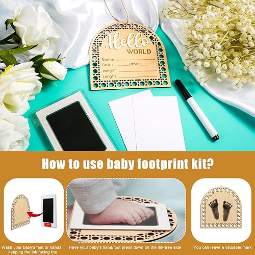 Miniatura 4 de Letrero de madera con texto en inglés «Hello World» para recién nacido, de 5.9 pulgadas, con almohadilla de tinta para manos y huellas de bebé,