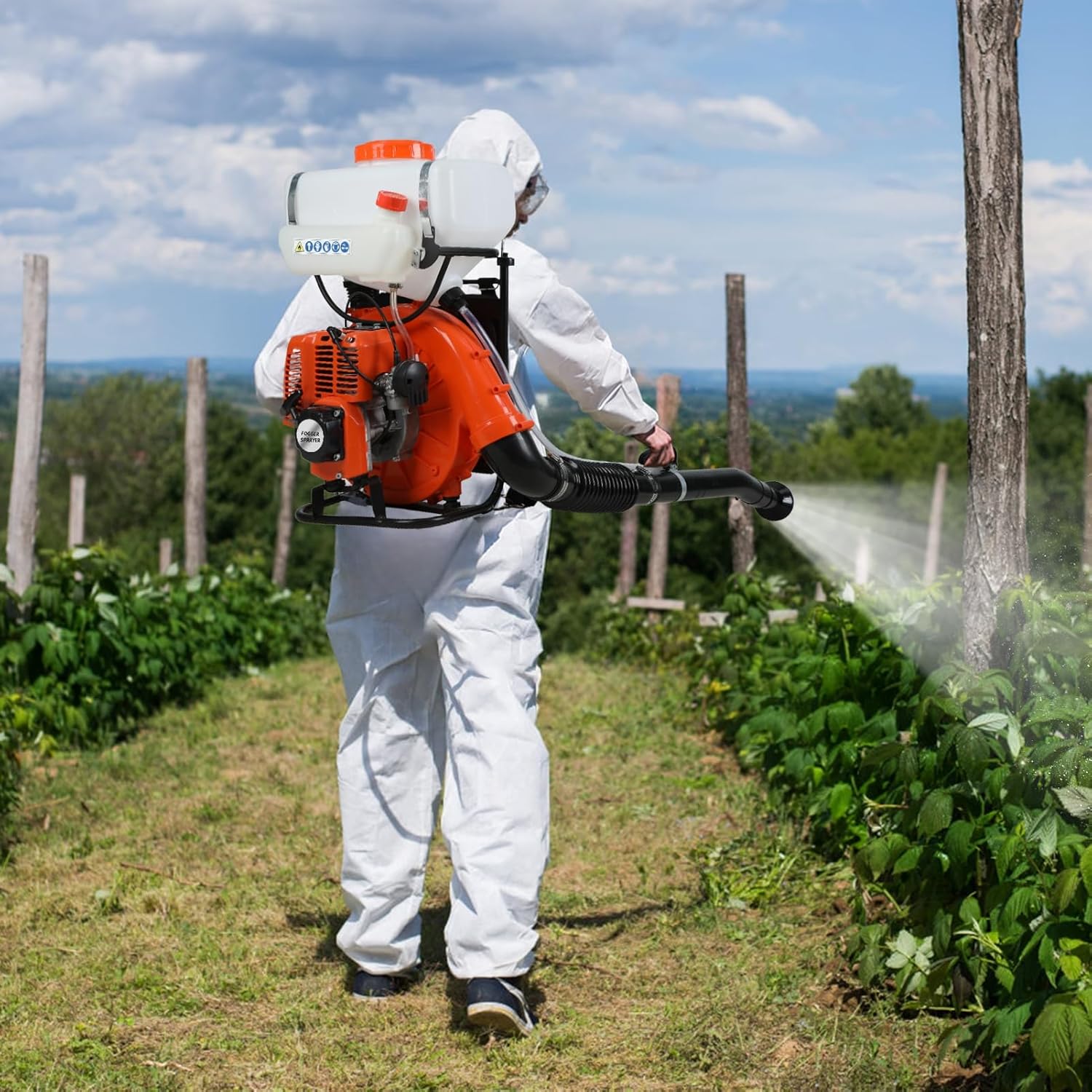 43cc Gasoline Backpack Fogger, 20L Large Tank, 7500rpm Engine, Cold Fogger Sprayer, 39 Ft Spray Distance, Adjustable Flow Rate, 2.13kw Power Atomizer for Garden Farm Orchard Outdoor Use Orange
