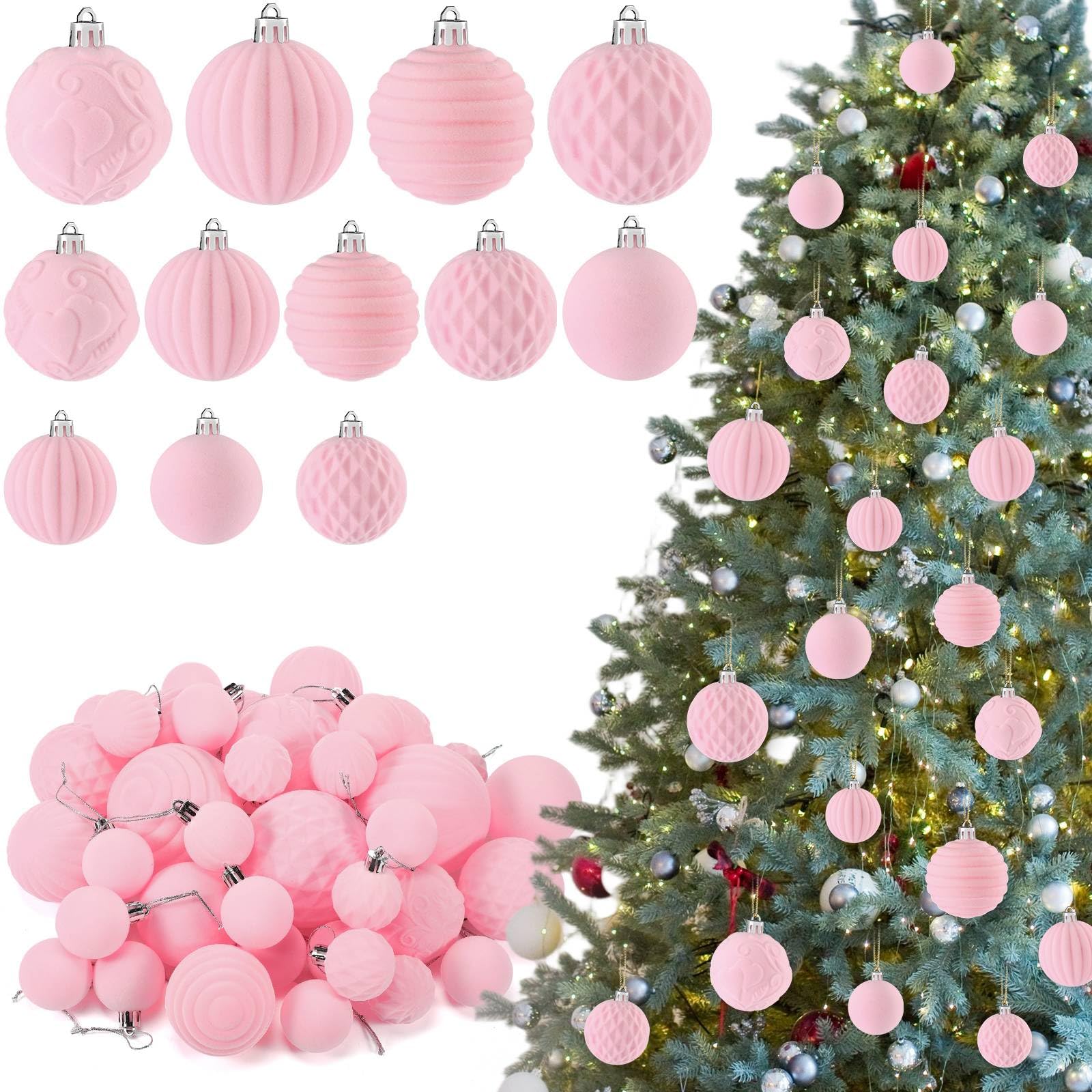 Hungdao Lot de 38 boules de Noël en velours floqué rose – 5 styles en 3 tailles – Décorations incassables à suspendre pour sapin de Noël