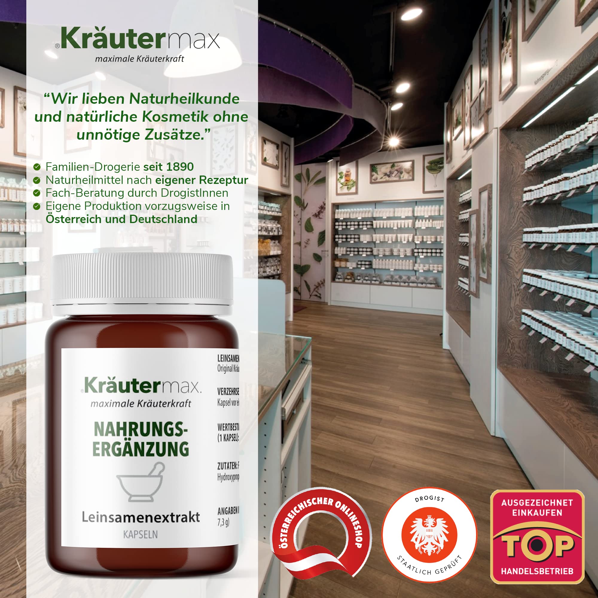 Kräutermax Leinsamen Kapseln Hochdosiert - Vegan - Pulver Linum Usitatissimum Extrakt - Glutenfrei - Leinsamenextrakt - 90 Kapseln