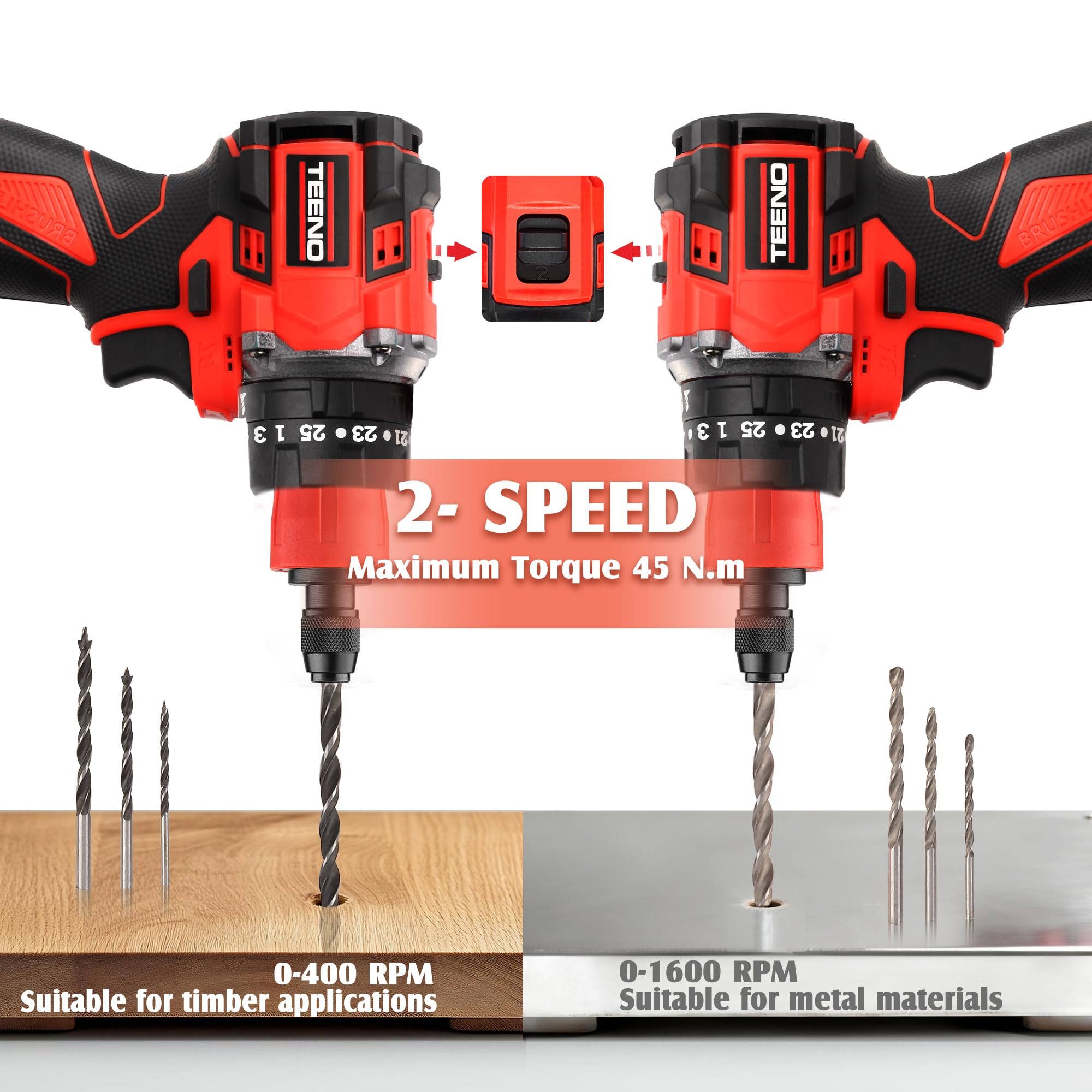 TEENO Atornillador a Batería 18V Sin Escobillas Profesional, 25+3 Velocidades, Kit de Taladro Inalámbrico, 45 Nm, 2 Velocidades, con 4 Cabezales Multifunción