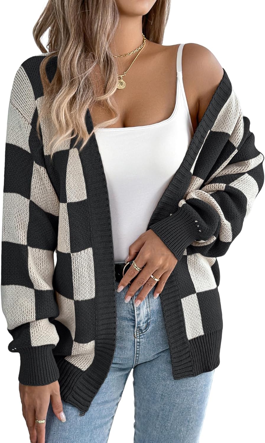 IDEALSANXUN Womens Checkered Cardigan Sweaters Fall Winter Casual Oversized Knit Jacket