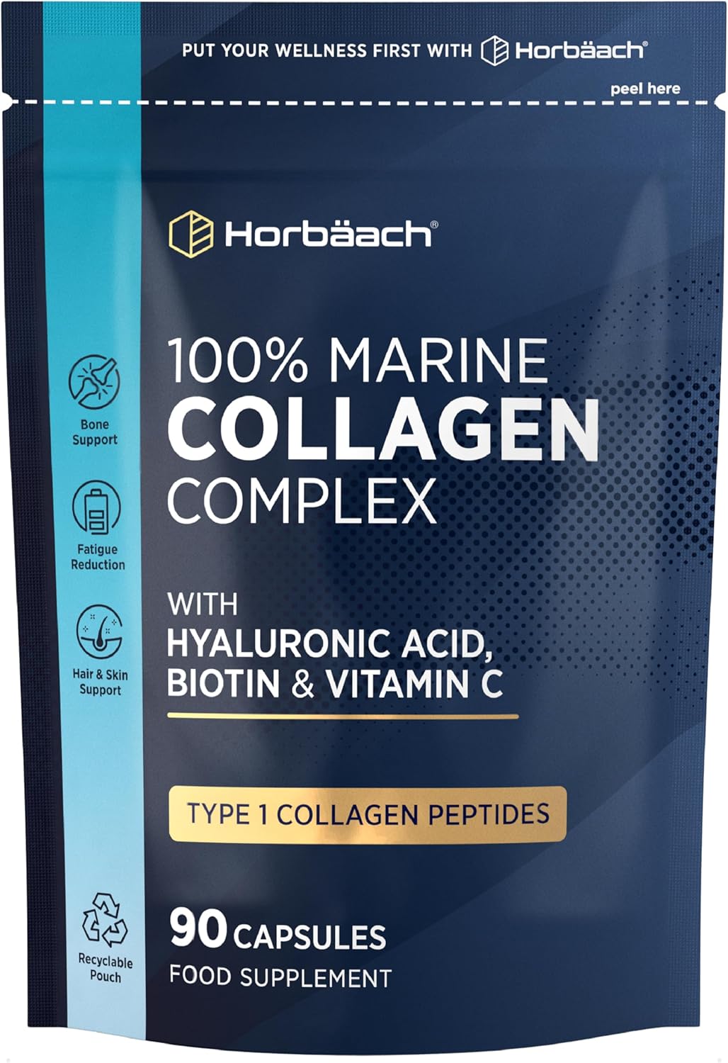 Marine Collagen Capsules with Hyaluronic Acid, Biotin & Vitamin C | Type 1 Collagen Peptides | 100% Marine | Supplement for Men & Women | 90 Count | by Horbaach