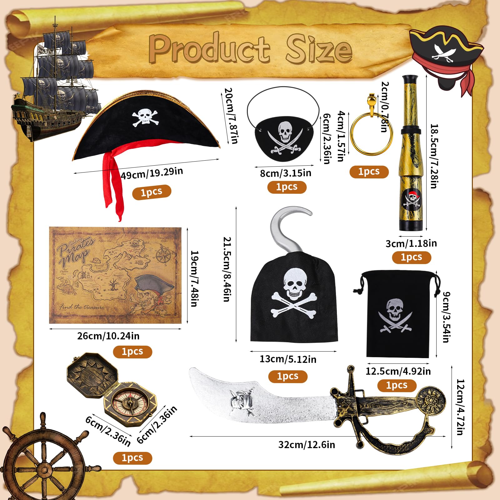 gyoyede 14Pcs Pirate Costume Kids,Pirate Accessories World Book Day Costumes for Kids 2026, Pirate Hat, Captain Hook - Image 2