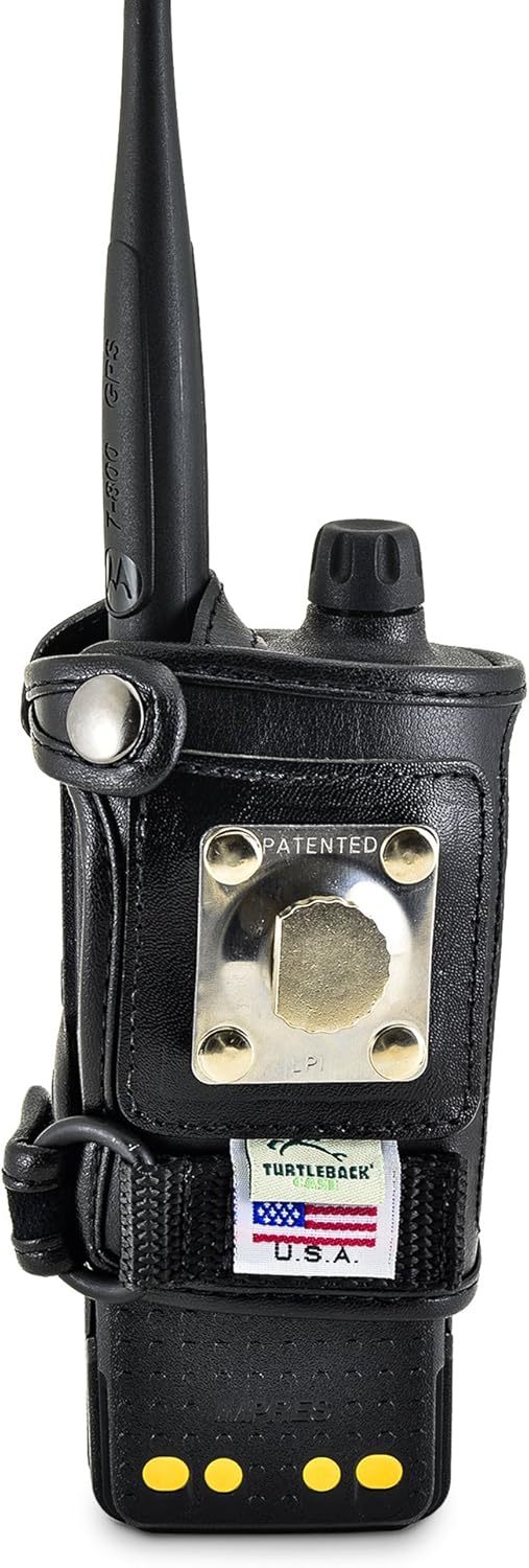 Turtleback Carry Holder for APX 4000 Extended Battery Radio Single KNOB Fire and Police Two Way Radio Belt Clip Holster Case Black Leather, Heavy Duty Rotating Ratcheting 2.25" Belt Loop