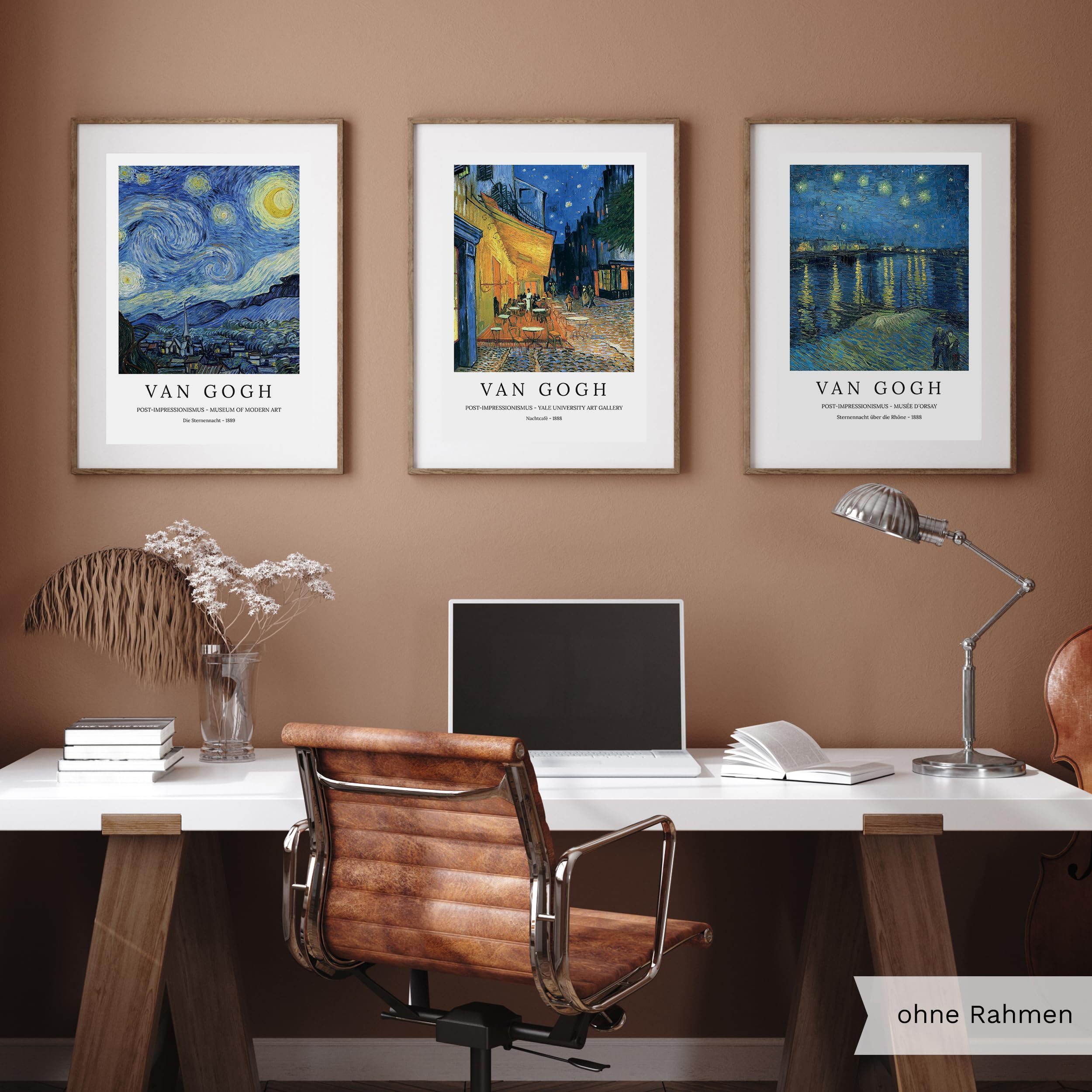 Bilder-Set: 3 x DIN A1 (60x84) Premium Posterpapier - Vincent van Gogh, Die Sternennacht; Nachtcafé; Sternennacht über die Rhône, Kunstdruck ohne Rahmen, Wandbild, Bilderwand - A4, A3, A2, A1, A0, ..