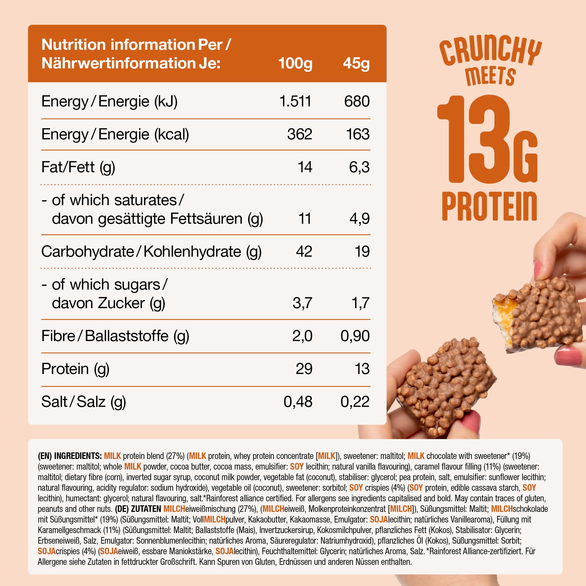 Nupo Proteinriegel Peanut Caramel Crunch | 13 g Protein pro Riegel | Wenig Zucker | Glutenfrei | 45 g x 12 Pack | Eiweißriegel