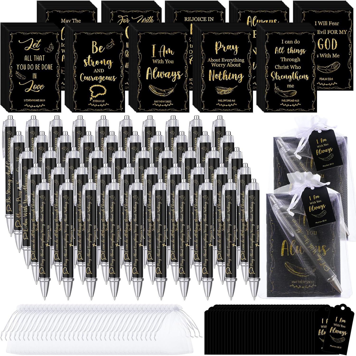Qeeenar 200 Pcs Christian Gifts Bulk Sets Bible Verse Religious Ballpoint Pen and Notebook Gift Set with Thanks Tags Organza Bag Gift Bulk for Women Church Christian Party Favors(Black,Fresh)