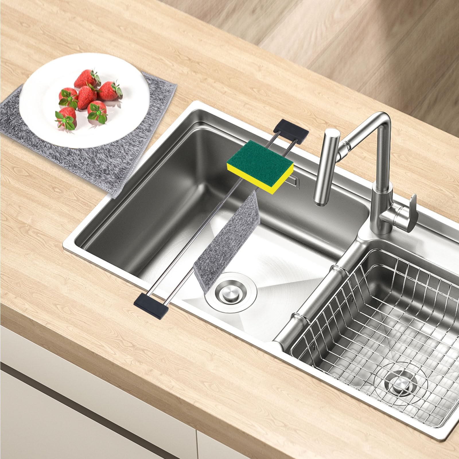 Adjustable Over-The-Sink Dish Cloth Holder - Stainless Steel Kitchen Organizer Rack For Sponges & Brushes