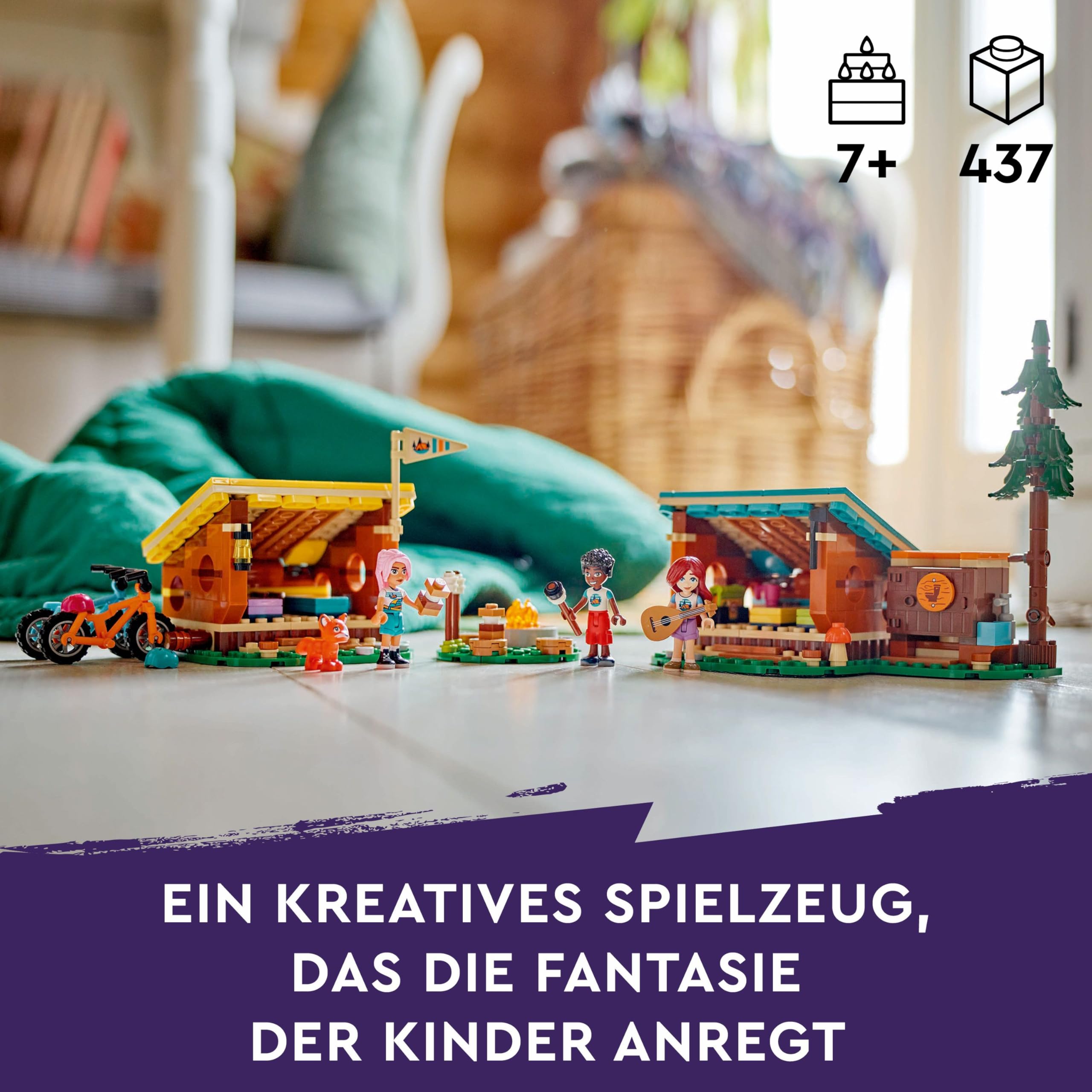 LEGO Friends Gemütliche Hütten im Abenteuercamp, Spielset für Rollenspiele in freier Natur, Kinderspielzeug für Mädchen und Jungen ab 7 Jahren mit 3 Spielfiguren und Fuchs, Camping-Spielzeug 42624