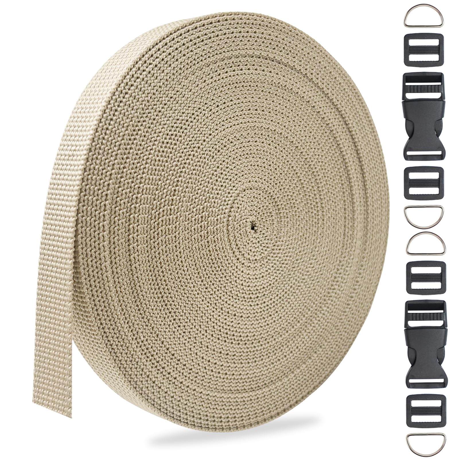 ZHFMILY 5/8 inch Lt Brown Nylon Webbing Strap with Buckles-10Yards 15mm-Flat Fabric Webbing Handle Canvas Straps for Bags-Hammock-Lawn Chair-Belting-Pet Collars, DIY Projects, Crafts, Sewing #255