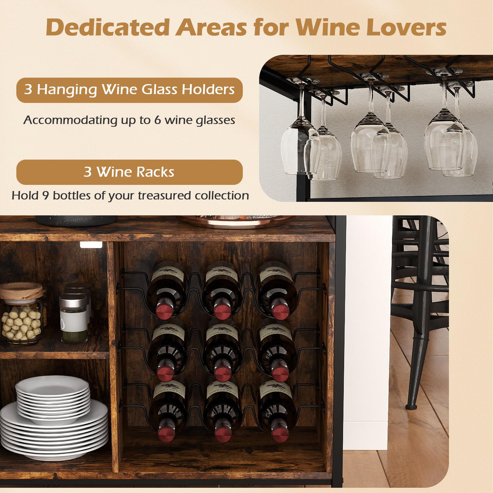 GIANTEX Mueble Organizador de Bar con Estantes para 9 Botellas y 3 Portavasos, Armario para Vino con Puerta de Rejillas, Kit Antivuelco, 75 x 34 x 90,5 cm, Aparador para Cocina, Comedor