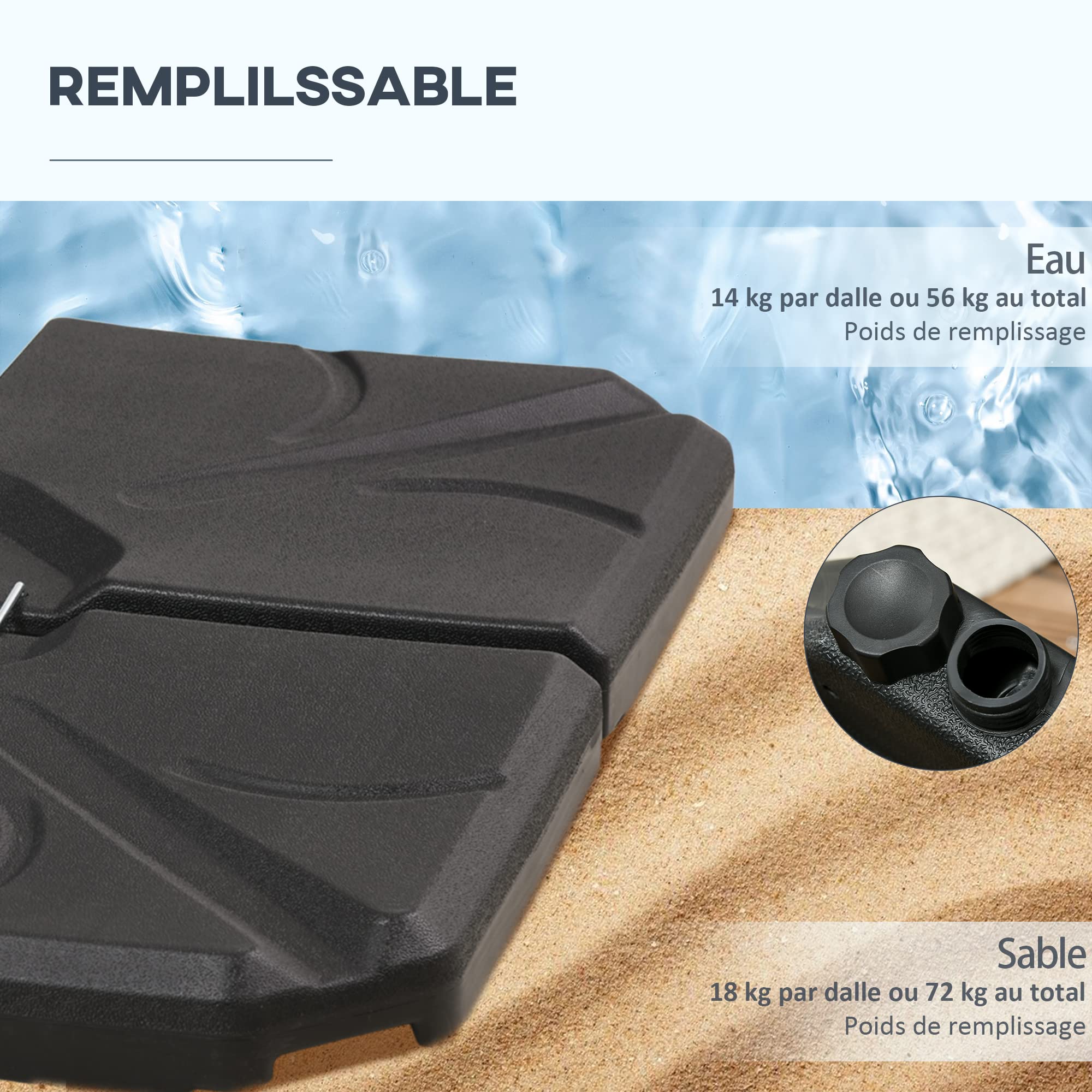 Outsunny Lot de 4 lestages pour parasols Dalles de Parasol déporté carré polyéthylène - À remplir d'eau ou de Sable jusqu'à 56/72 kg - 103 x 103 x 8,3 cm Noir